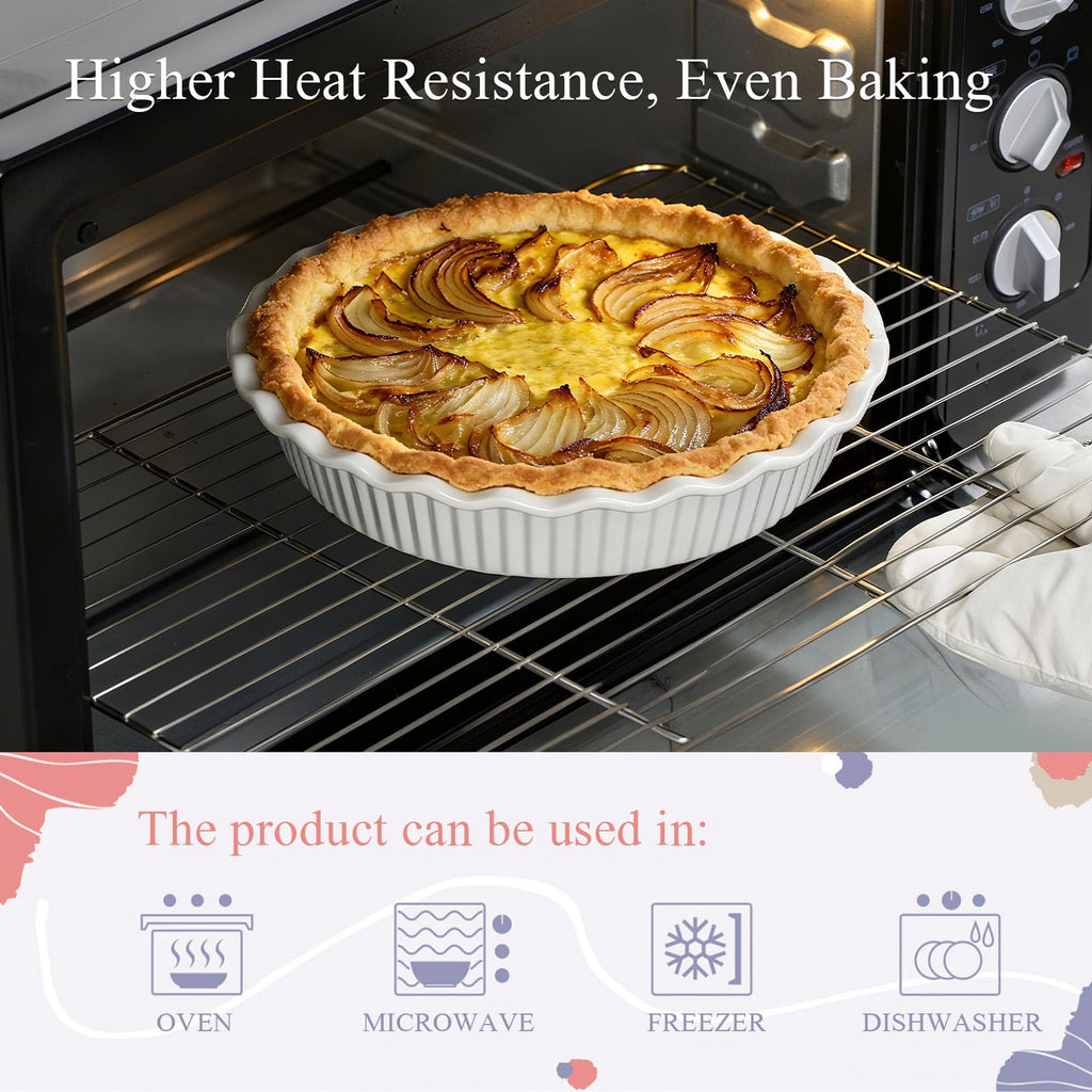 Miicol White Ceramic Pie Pan, 50 oz / 1500 ml Ripple Edge Deep Baking Dish, 9 Inch / 22 cm Round Ceramic Pie Plate, Suitable for Quiche, Apple Pie, Meat Pie, Ideal Gift for Baking Lovers