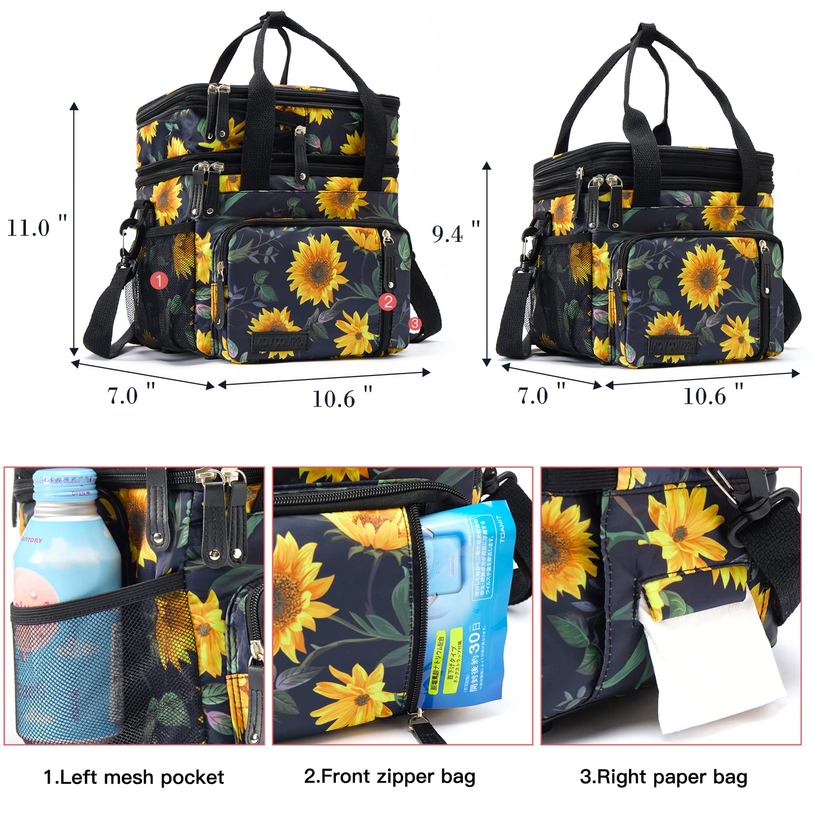 Lunch Bag for Women Men Double Deck Lunch Box,Expandable Large Lunch Bags,Leakproof Lunch Box Cooler Bag (Sunflower)
