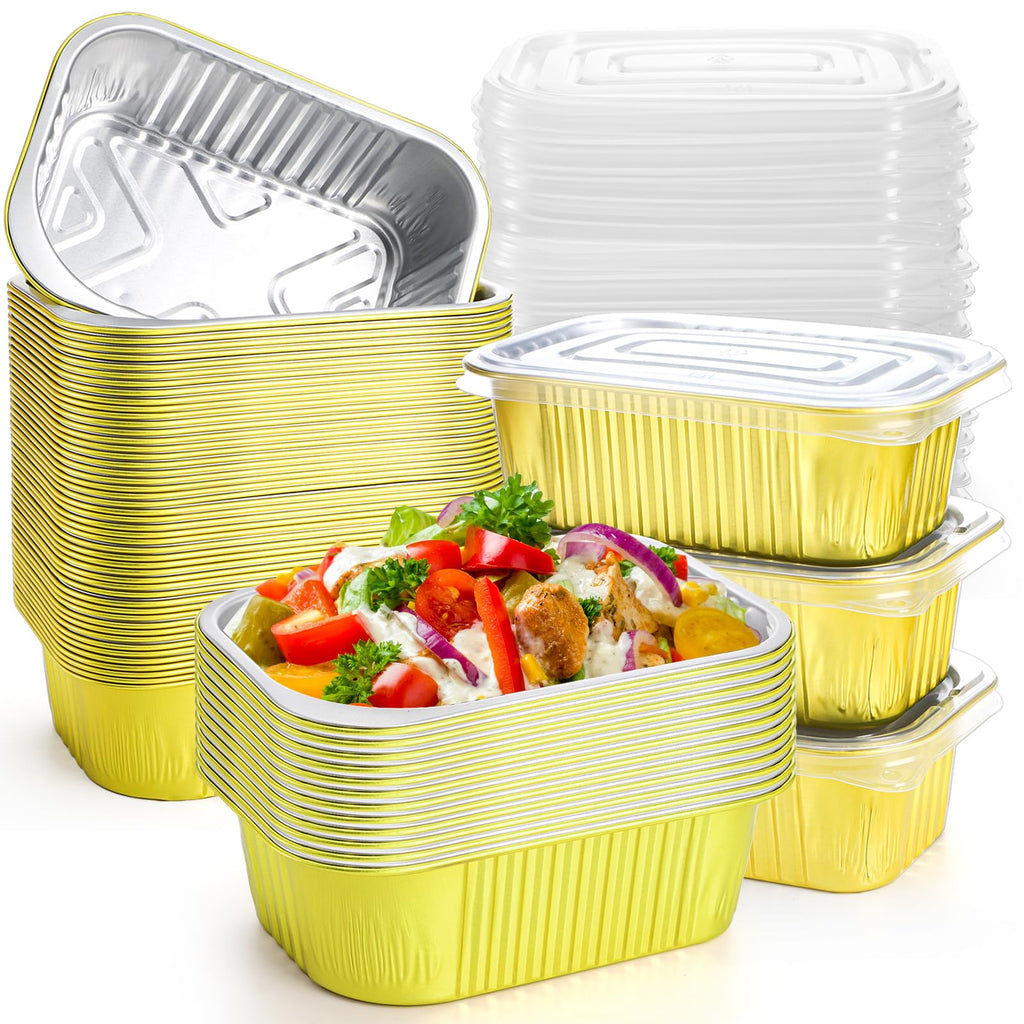 DEAYOU 50 Pack Small Aluminum Pans with Lids, 1.5 LB Heavy Duty Disposable Foil Cake Baking Tins, Bread Loaf Pans Takeout Food Containers for Leftover, Meal Prep, Freezer, 6.3" x 4.4" x 2.1", 24oz