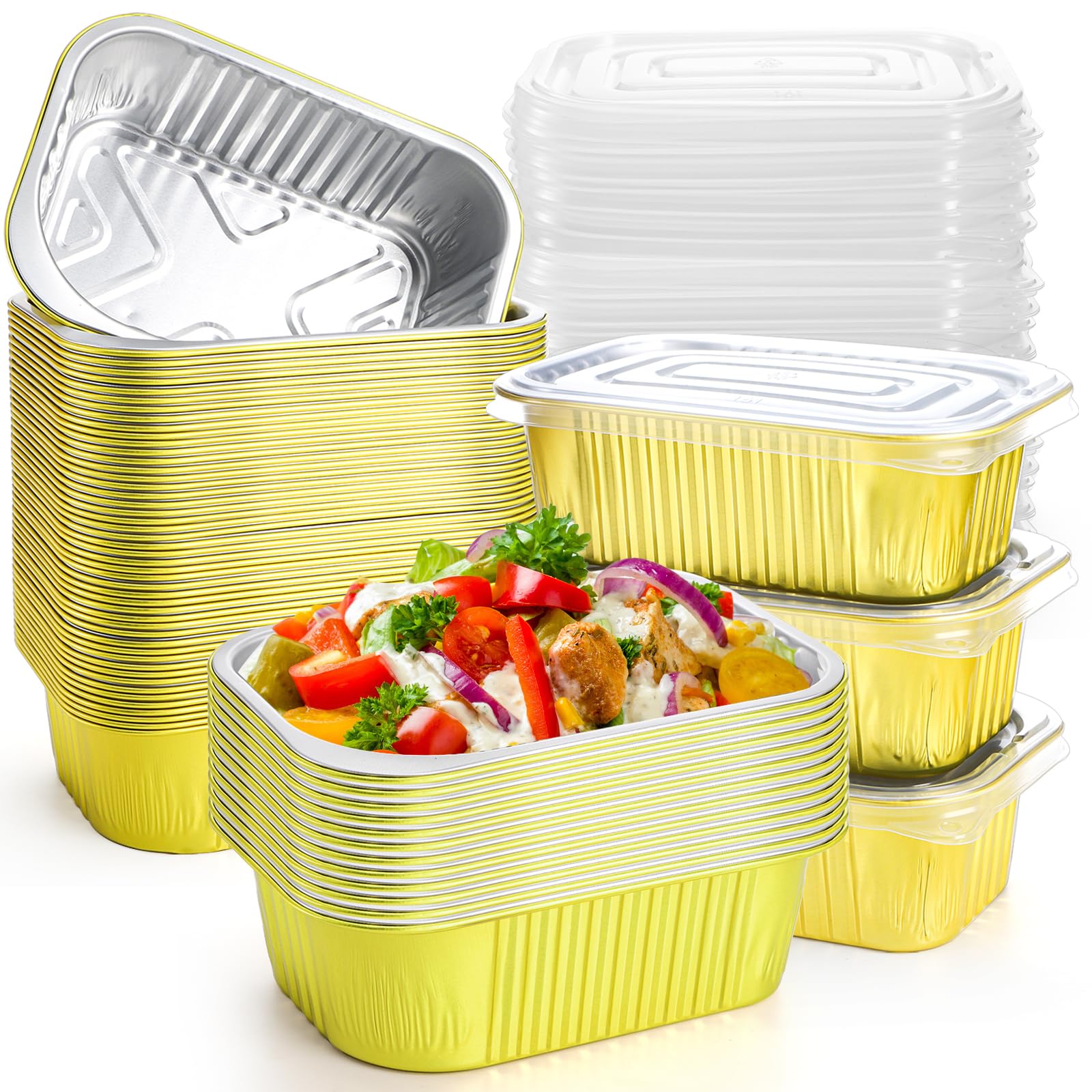 DEAYOU 50 Pack Small Aluminum Pans with Lids, 1.5 LB Heavy Duty Disposable Foil Cake Baking Tins, Bread Loaf Pans Takeout Food Containers for Leftover, Meal Prep, Freezer, 6.3" x 4.4" x 2.1", 24oz