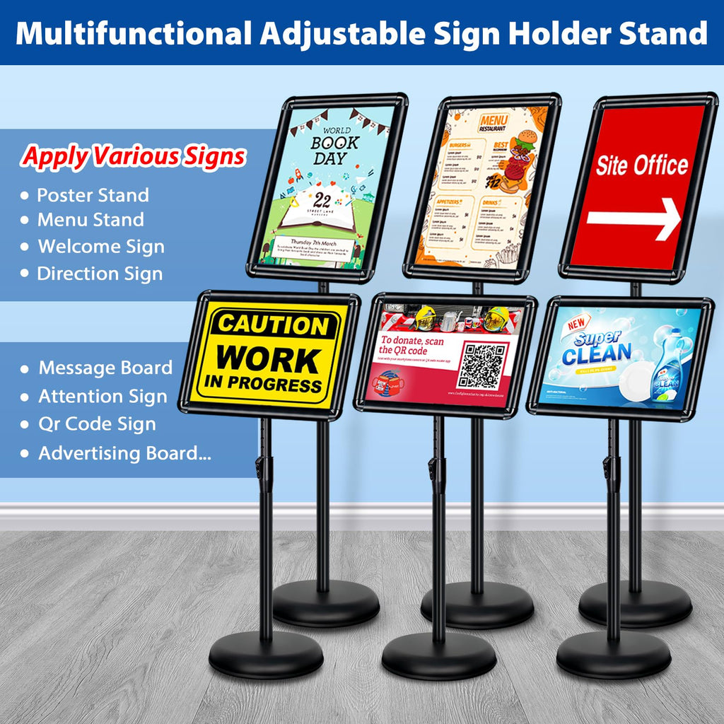 VAIIGO 8.5x11 Inch Adjustable Pedestal Poster Sign Stand, Heavy Duty Floor Standing Sign Holder Stand Aluminum Snap Open Frame for Vertical and Horizontal View Sign Displayed (Black, Round)