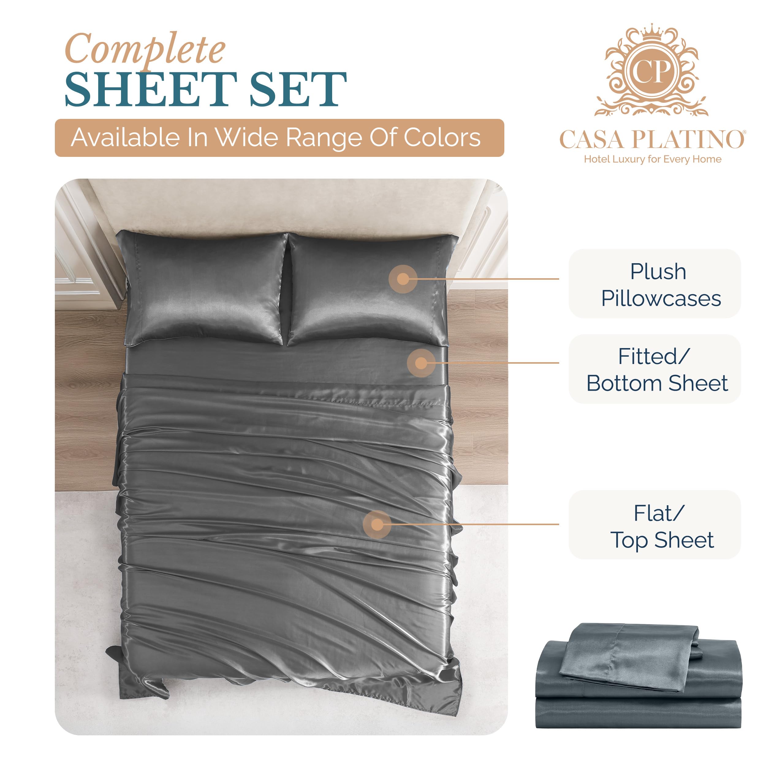 Casa Platino Satin Sheets - Queen Sheet Set, 4 Pcs Queen Bed Sheets, Similar to Silk Sheets, Bed Sheets Queen Size for Hair and Skin, Gifts for Women (Dark Grey, Queen)