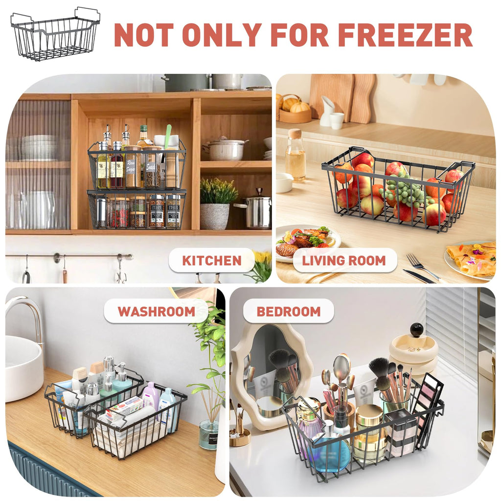 Goovilla Freezer Organizer Bins with Foldable Handle, 4 Pack Stackable Freezer Baskets for 3.5-7 Cu.FT Deep Chest Freezer Organization, Coated Metal Freezer Storage Bins with Better Space Utilization
