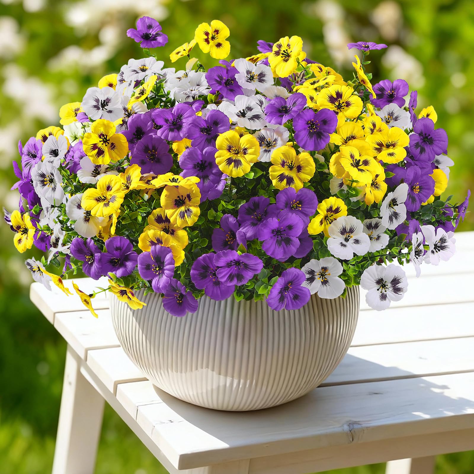 Alupssuc 24 Bundles Artificial Flowers for Outdoors Spring Decoration, Fake Flowers UV Resistant Realistic Pansies with Eucalyptus Silk Faux Flowers for Porch Patio Yard, Purple Yellow White