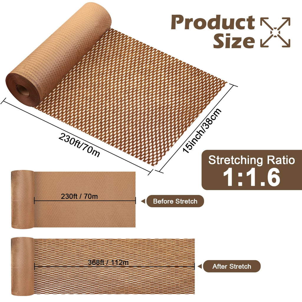 Honeycomb Packing Paper, 15"x230' Recyclable Moving Supplies Bubble Packing Wrap Alternative for Moving Shipping Packaging, Protective Cushioning Wrap Roll with 36 Fragile Sticker Labels