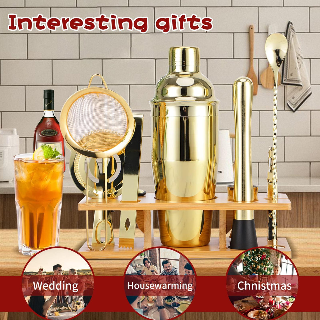 OBALY Bartender Kit 11-Piece Cocktail Shaker-Muddler for Cocktails 25oz Boston Shaker-Bar Accessories with Stylish Bamboo Stand Mix Drink Shaker kit Perfect Martini kit with Cocktail Recipes Booklet