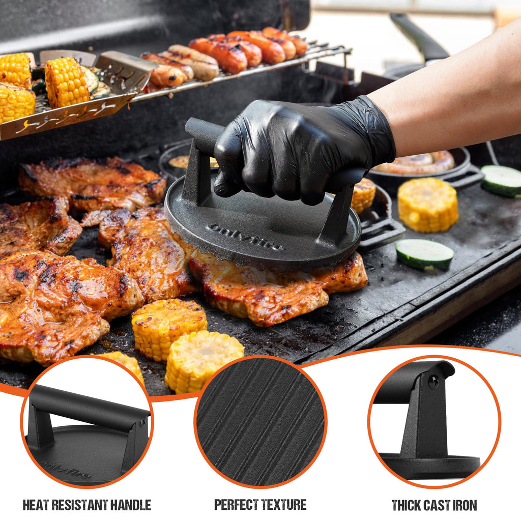 onlyfire Cast Iron Burger Press, Φ15cm Round Smash Burger Press with Heat Resistant Handle for Griddle and BBQ, Heavy-Duty Grill Press for Burger, Steak, Sandwich, Bacon
