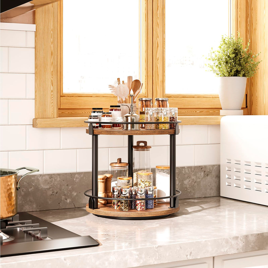 YATINEY Spice Rack, Rotating Spice Organizer for Cupboard, 2 Tier Lazy Susan Turntable, Industrial Countertop Organizer, for Kitchen and Cabinet, Compact and Versatile, Rustic Brown and Black SR22BR