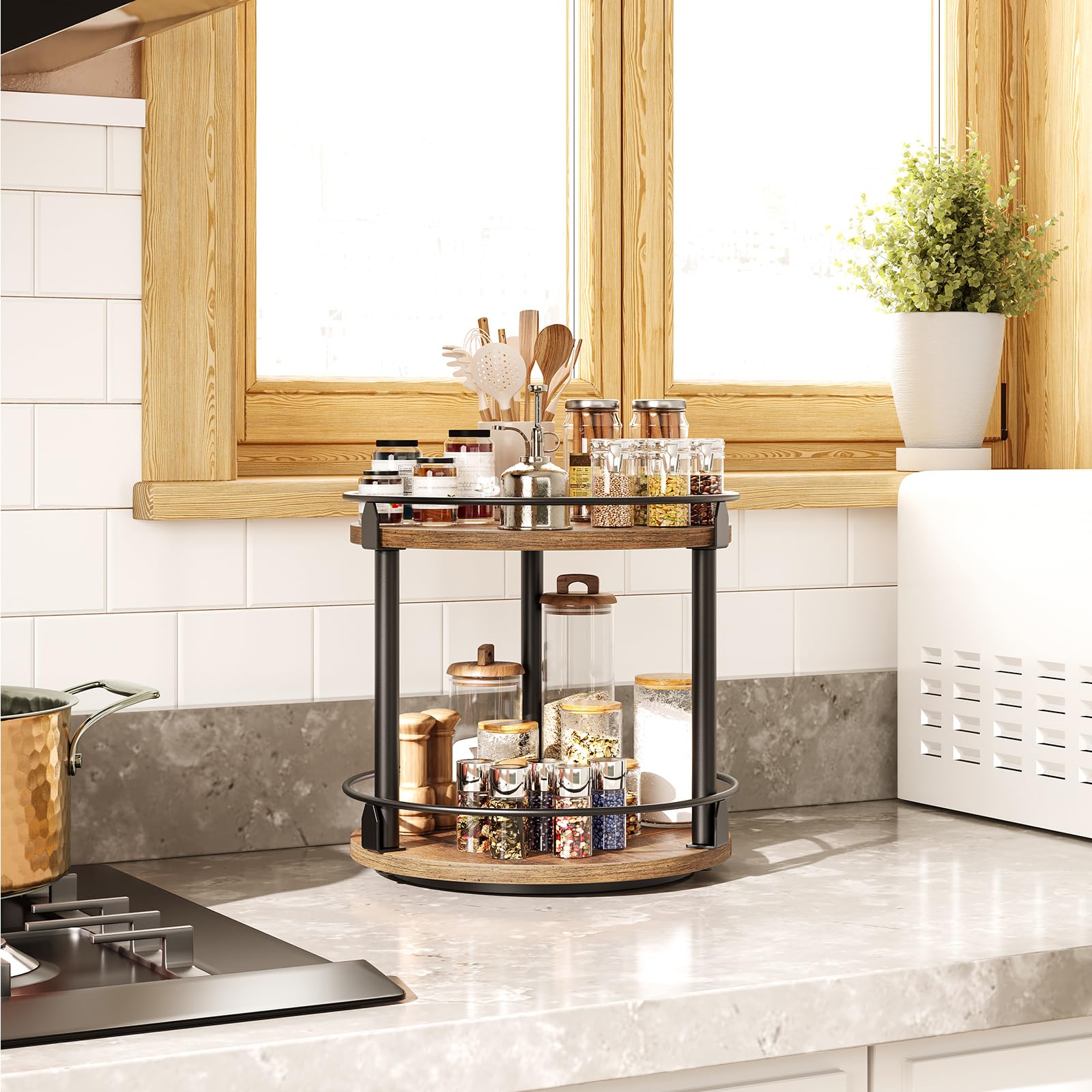 YATINEY Spice Rack, Rotating Spice Organizer for Cupboard, 2 Tier Lazy Susan Turntable, Industrial Countertop Organizer, for Kitchen and Cabinet, Compact and Versatile, Rustic Brown and Black SR22BR