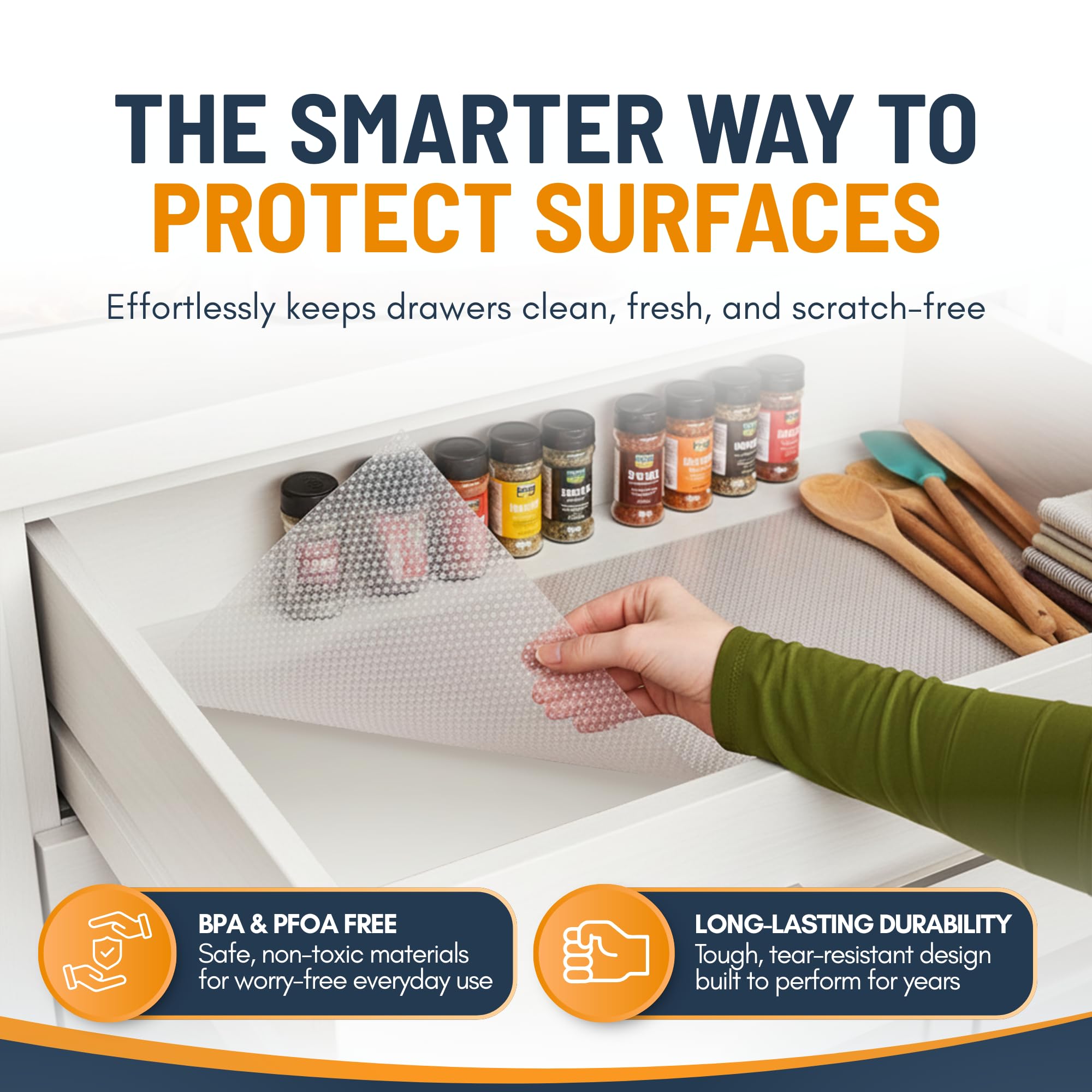 Drawer Liner Shelf Liners for Kitchen Cabinets Non-Adhesive by Linda’s Essentials (17.5 x 240 Inches) - Non-Slip Easy Clean Kitchen Cupboard and Cabinet Protector, Waterproof Mat, Clear Roll