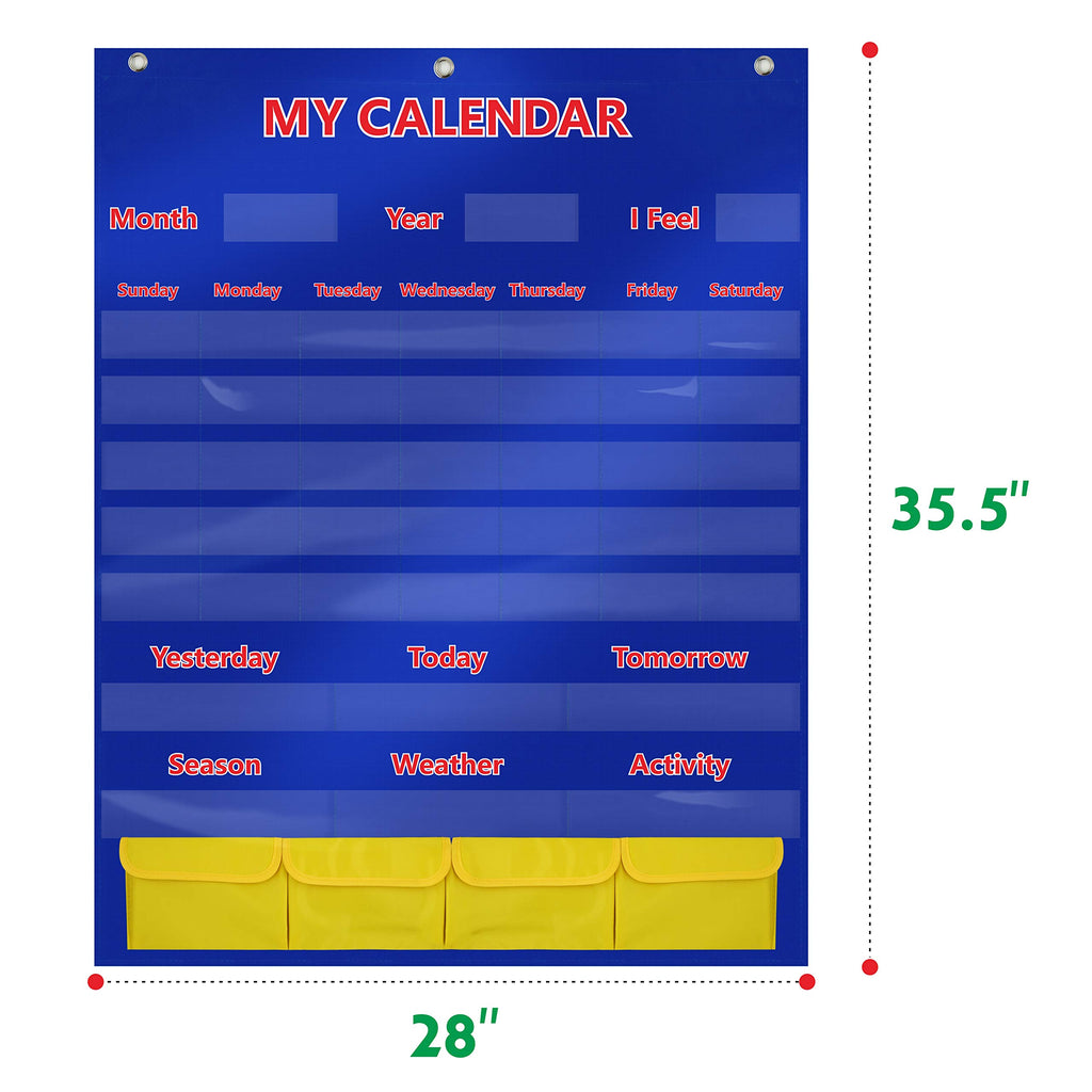 Calendar and Weather Pocket Chart with 148 Cards,(108 Illustrated Activity Cards, 40 Dry Erasable Flash Cards and 3 Hooks 28” X 35.5”)