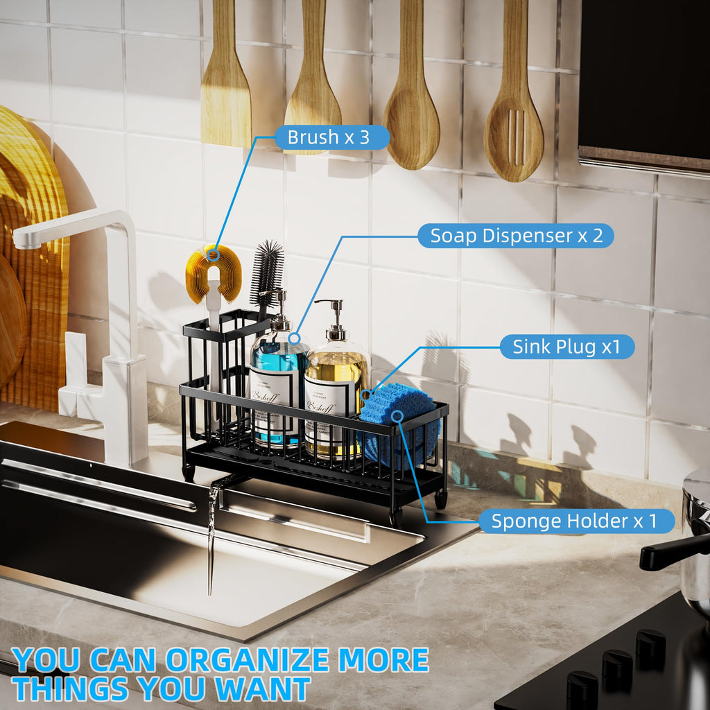 Moforoco Larger Sponge Holder for Kitchen Sink, Sink Caddy with High Brush Holder, Kitchen Sink Organizer Countertop Rustproof 304 Stainless Steel (Black)