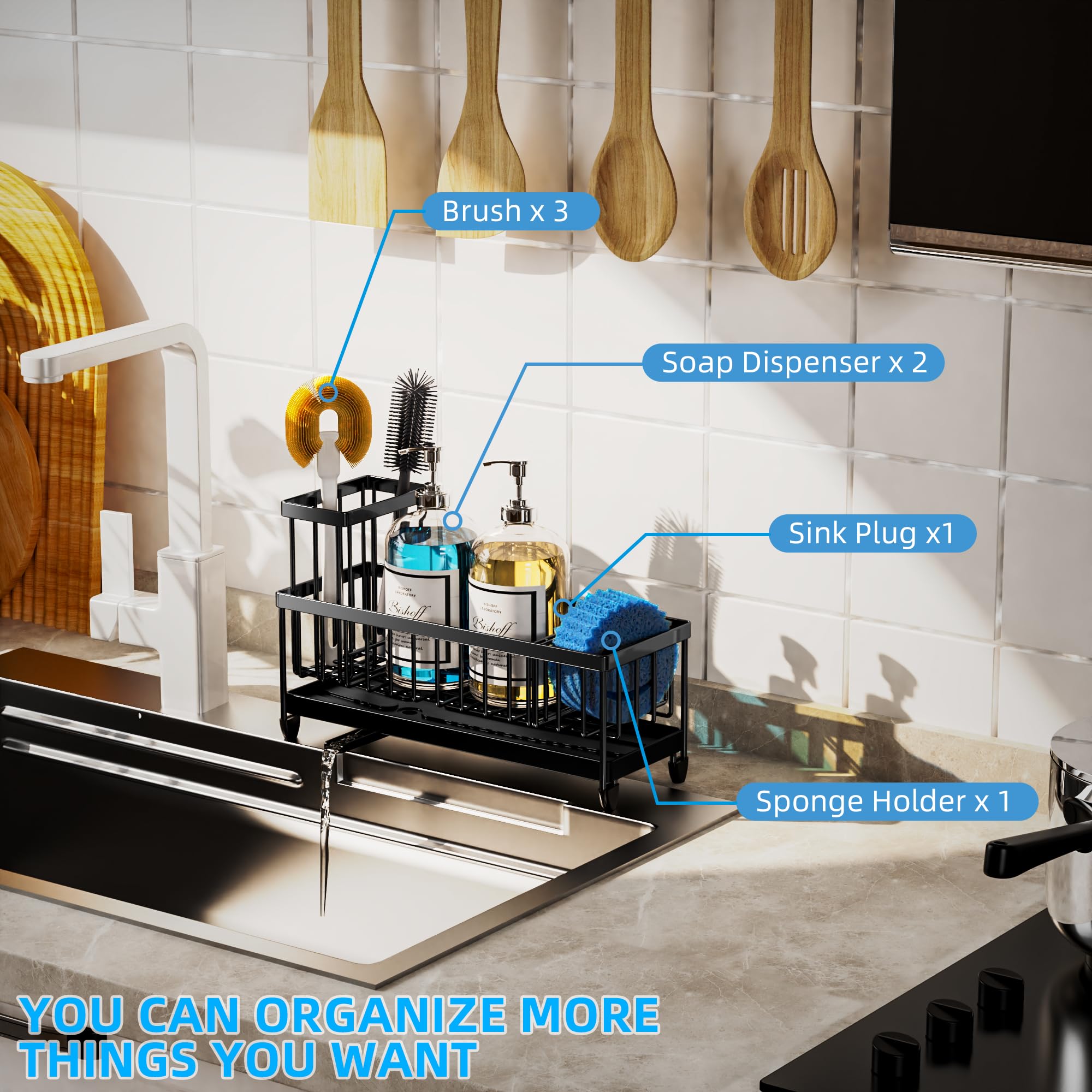 Moforoco Larger Sponge Holder for Kitchen Sink, Sink Caddy with High Brush Holder, Kitchen Sink Organizer Countertop Rustproof 304 Stainless Steel (Black)