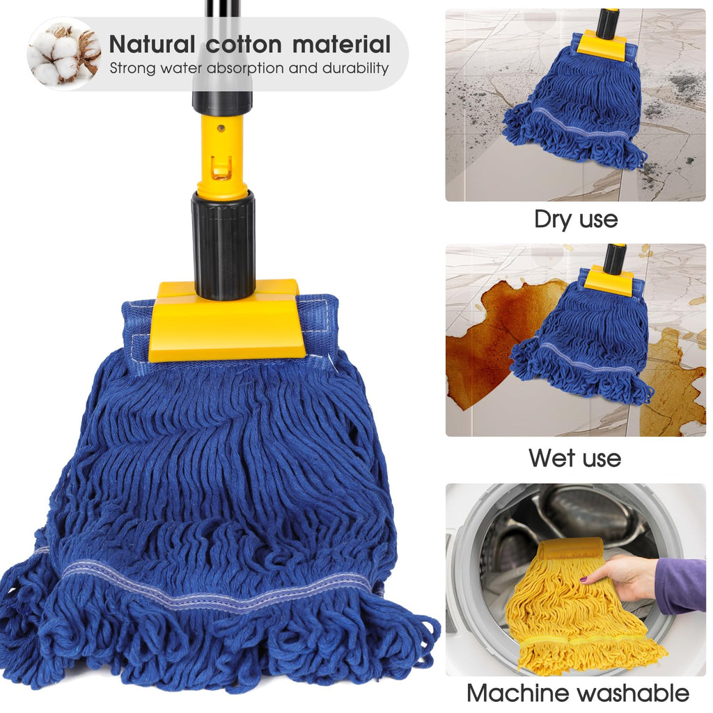 Almcmy Commercial Mop, Heavy Duty Industrial Mop with 2 Replacement Heads, 57" Long Handle, Looped-End String Wet Mops for Floor Cleaning, Janitorial Mops for Home Kitchen Garage Workshop Warehouse
