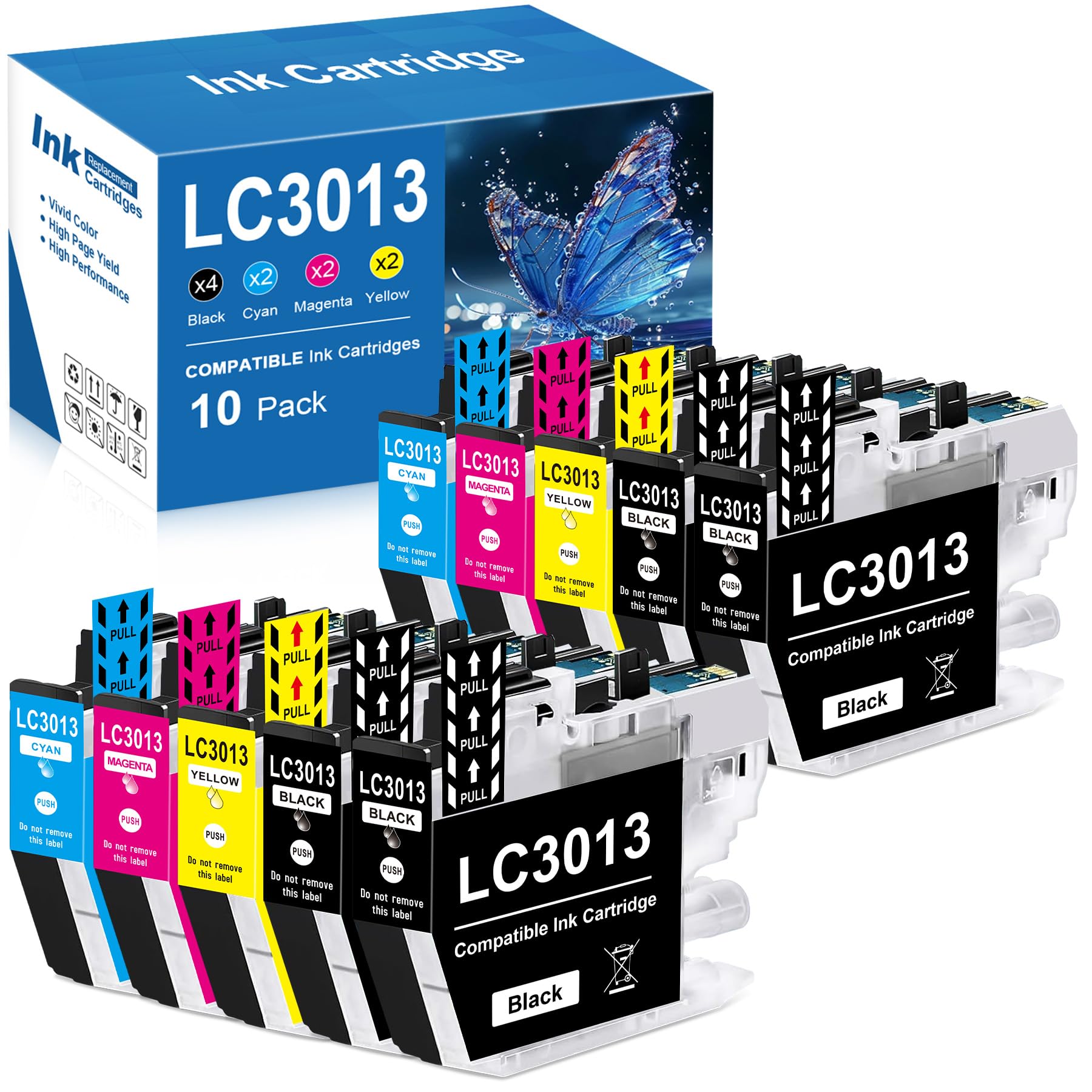 Compatible LC3013 Ink Cartridges BK/C/M/Y Replacement for Brother LC3013 Ink Cartridges LC3011 for Brother MFC-J491DW MFC-J497DW MFC-J690DW MFC-J895DW Printer (10-Pack, 4BK/2C/2M/2Y)