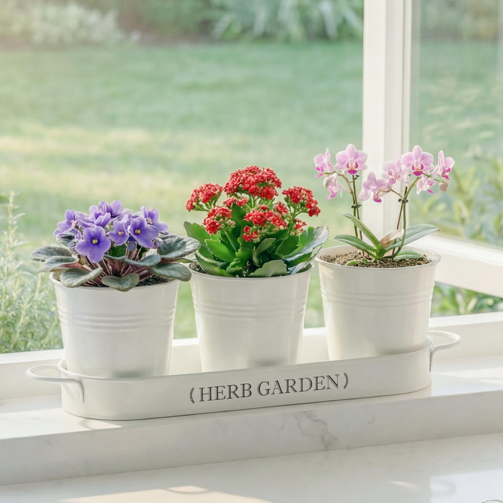 PERFNIQUE Indoor/Outdoor Herb Garden Planter, Farmhouse Plant Pots, Windowsill Garden With Tray, Window Pots for Indoor Plants (Off White)