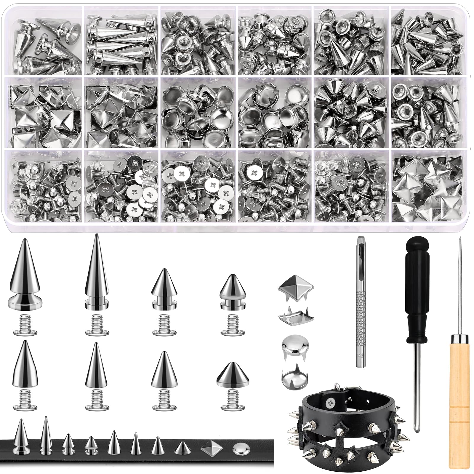 Jollidecor 455 PCS Punk Studs for Clothing, 10 Size Metal Spikes and Studs Leather Rivets for Craft, Square Pyramid Studs Round Dome Rivets DIY Punk Style Decoration for Clothes Shoes Belts Dog Collar