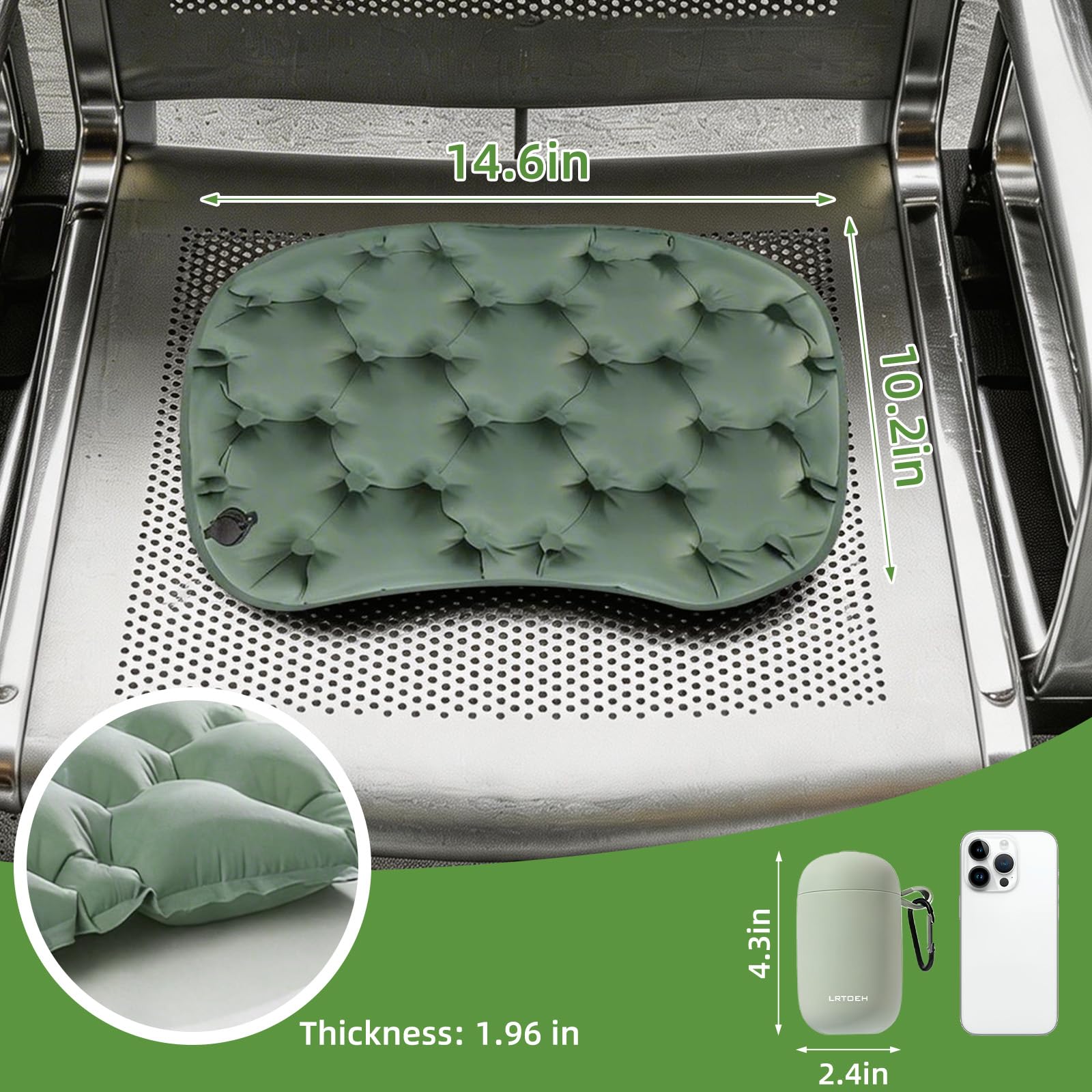 LRTOEH Inflatable Seat Cushion, Lightweight Portable Air Cushion with Pump, Airplane Seat Pad for Flights Pressure Relief, Waterproof Chair Pad, Stadium Cushions for Travel, Camping, Hiking(Green)