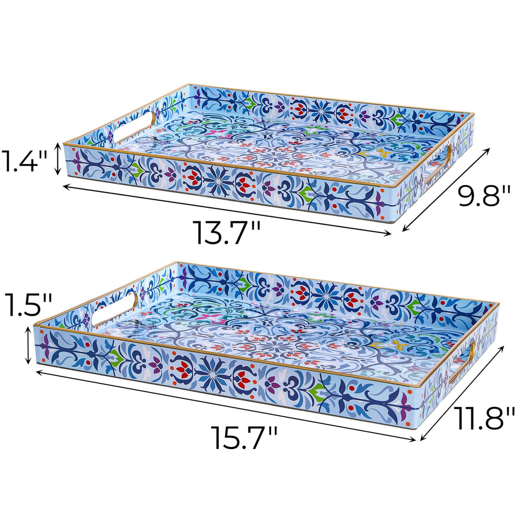 Hiceeden Set of 2 Boho Floral Serving Tray with Handles, 15.7" x 11.8" Decorative Plastic Ottoman Tray, Modern Large Coffee Table Server for Living Room, Bathroom, Rectangle, Blue