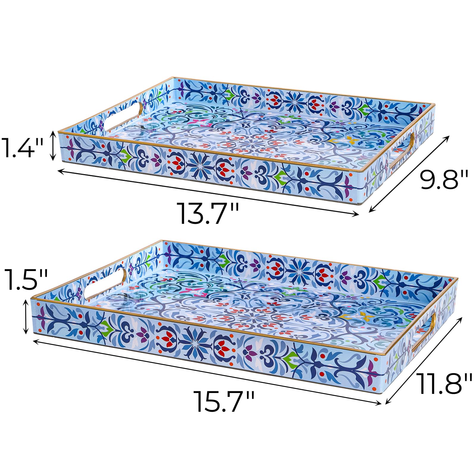 Hiceeden Set of 2 Boho Floral Serving Tray with Handles, 15.7" x 11.8" Decorative Plastic Ottoman Tray, Modern Large Coffee Table Server for Living Room, Bathroom, Rectangle, Blue