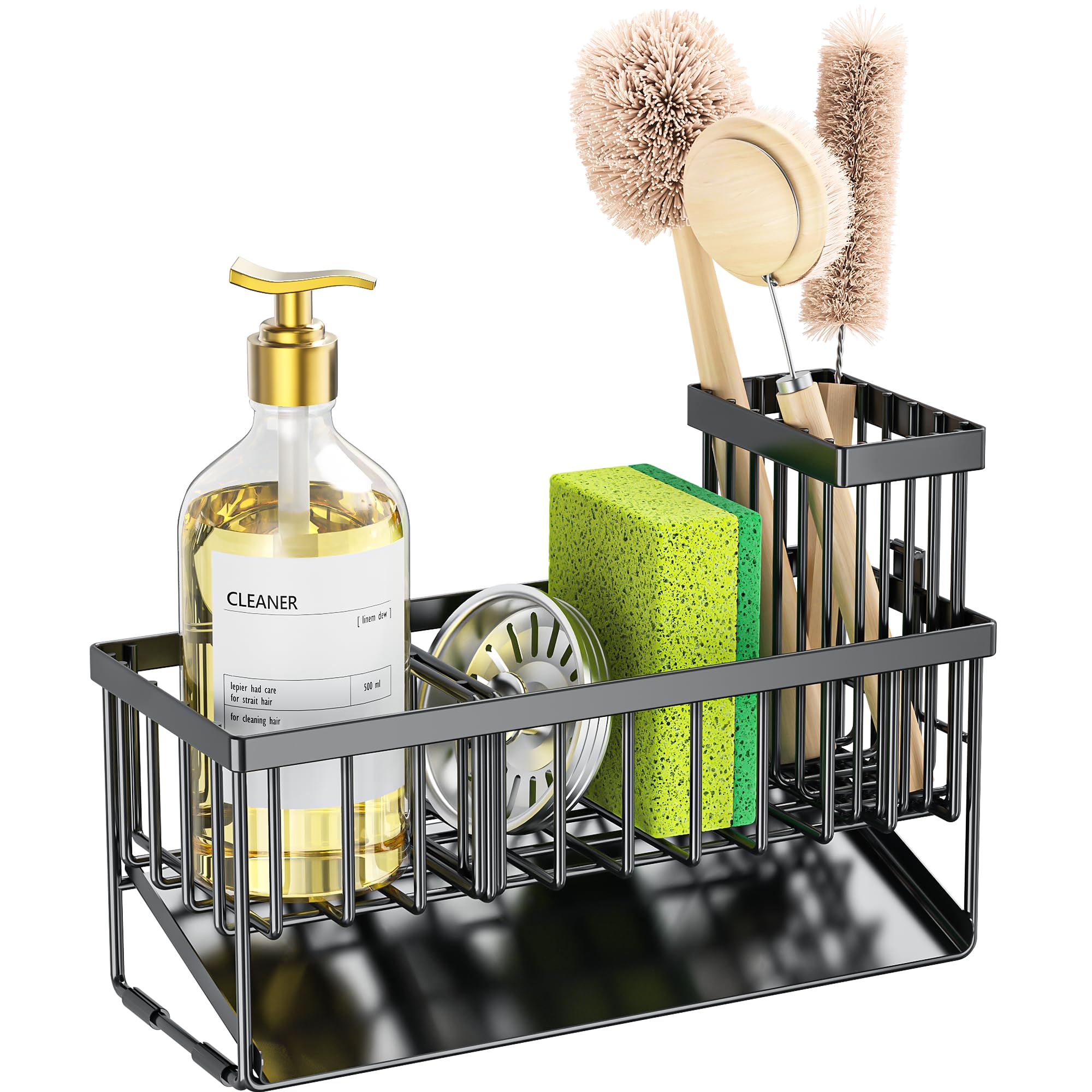 Cisily Kitchen Sink Caddy Organzier with High Brush Holder, Sponge Holder for Sink, 304 Rustproof Stainless, Kitchen Countertop Soap Dispenser Organizer, Kitchen Decor and Accessories (Black)