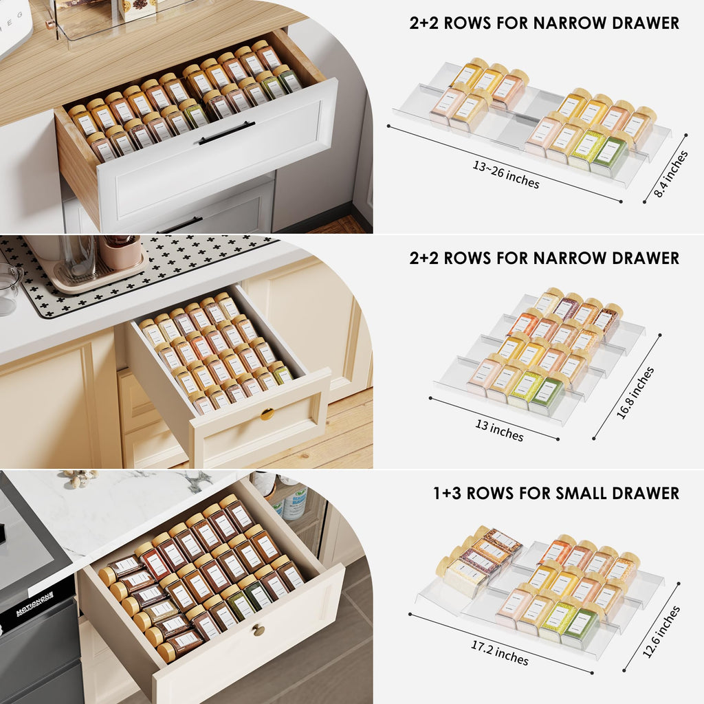 Spice Drawer Organizer, 4 Tier Clear Acrylic Expandable From 13" to 26" Seasoning Jars Drawer Insert, Kitchen Drawer Spice Rack Tray for Cabinet/Countertop