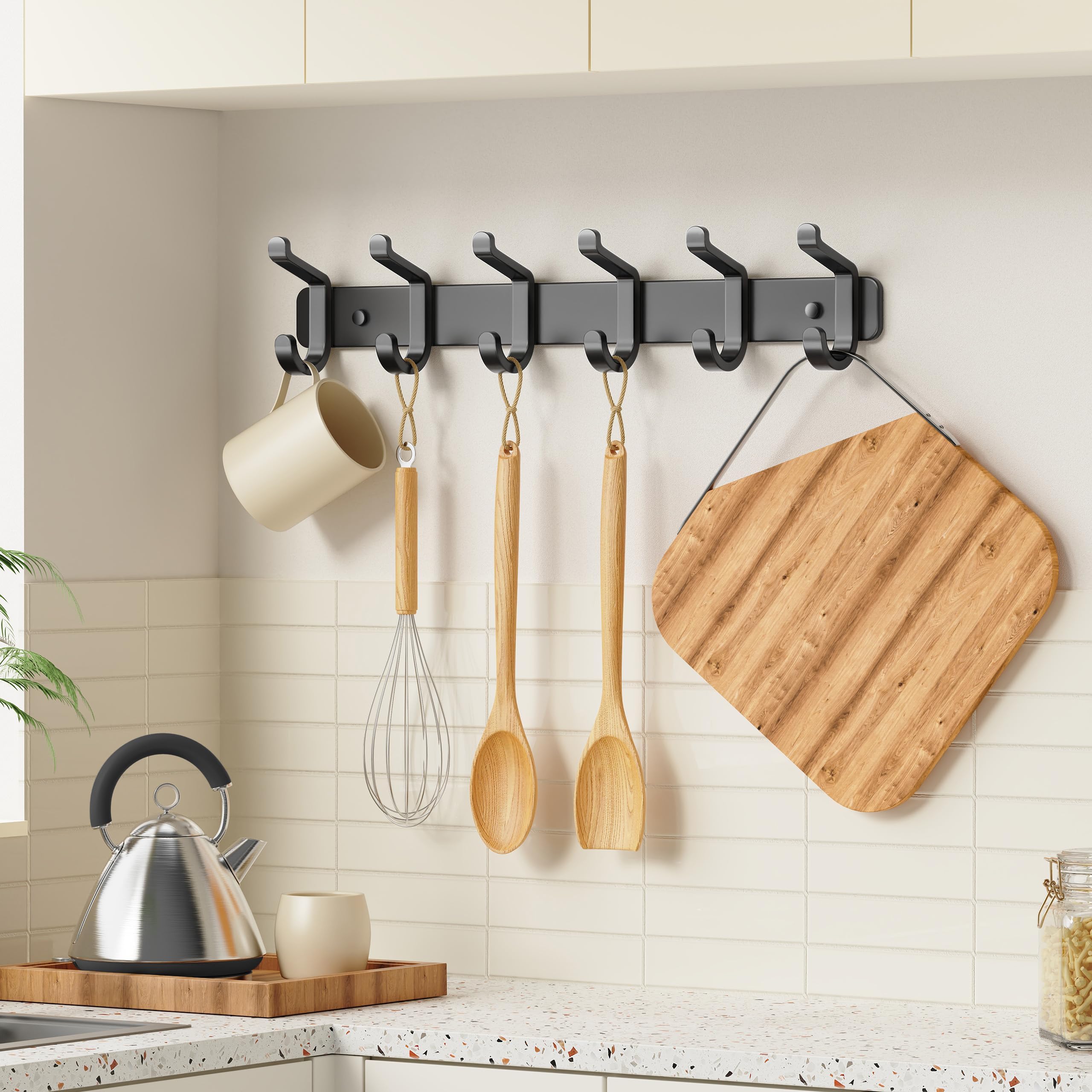 Coat Rack Wall Mounted Heavy-Duty: Metal Coat Hanger 6 Hooks for Hanging Hat, Clothes, Robe, Keys, Backpack, Bathroom Towels, Jacket, Purse - Closet, Door, Entryway, Mudroom (Black, 2 Pack)