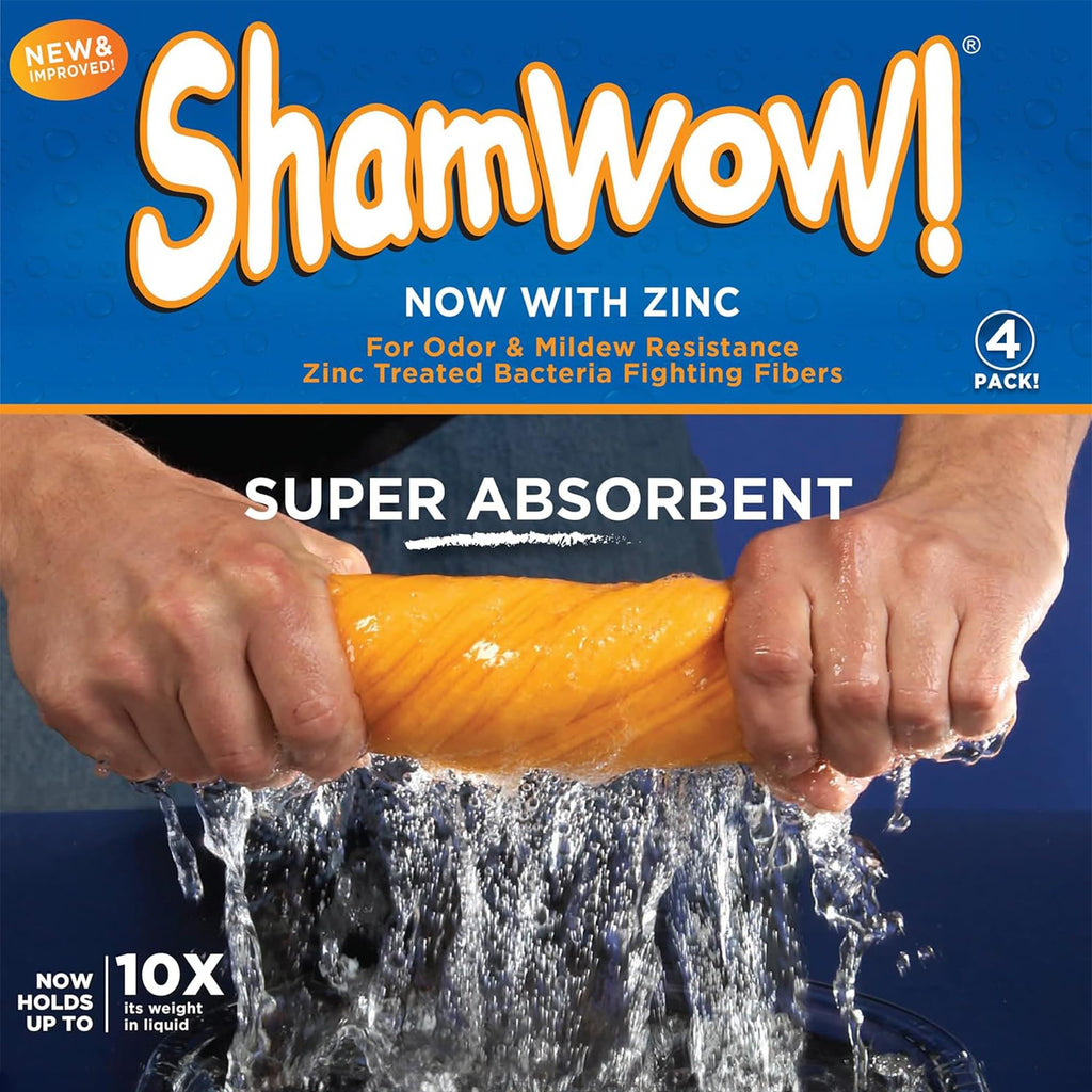 The Original Shamwow - Super Absorbent Multi-Purpose Cleaning Shammy Chamois Towel Cloth - Holds 10X its Weight in Liquid - Machine Washable - Will Not Scratch (4 Pack, 4 Large Orange)