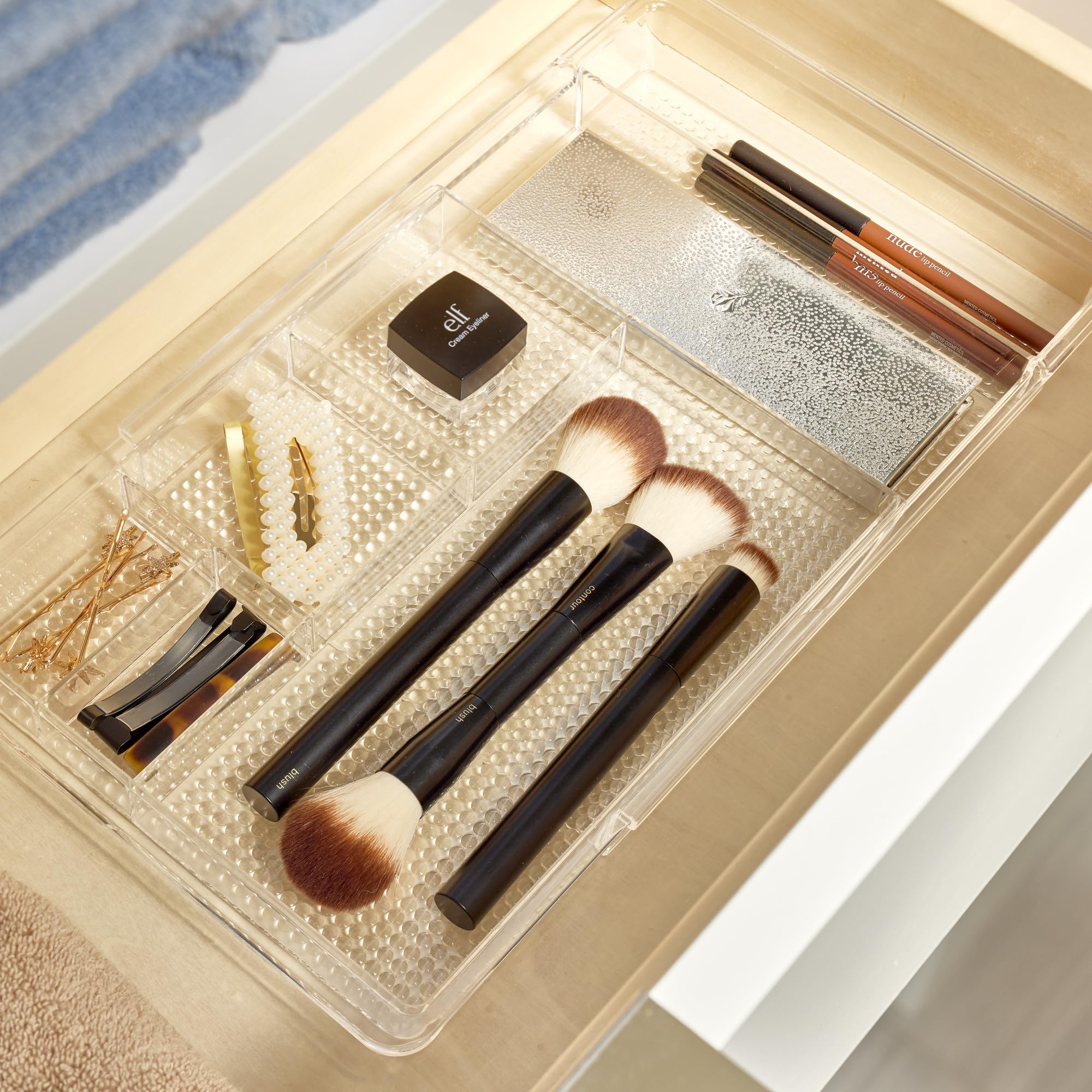 iDesign Clarity Plastic Expandable Drawer Organize for Vanity, Bathroom, Kitchen, Desk, Expands up to 18.5 Inches, Clear