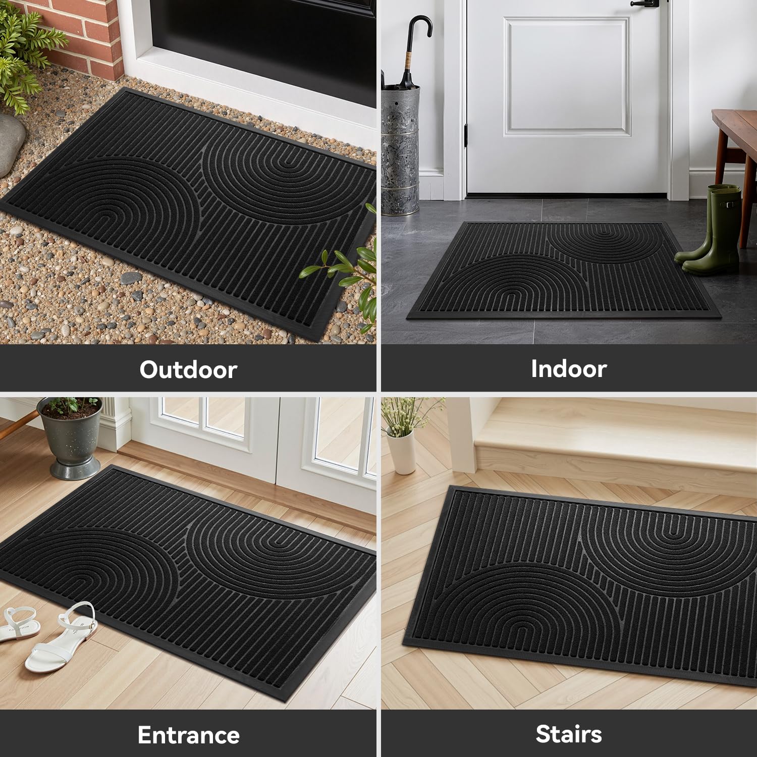 Front Door Mat Outdoor Mat Indoor Doormat for Entrance Mat Entryway Rug Heavy Duty Non Slip Rubber Absorbent Entry Rug Dirt Scraping Shoe Mat 60x90cm Black