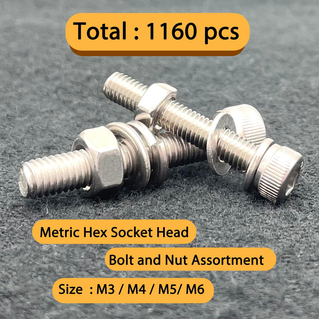 HVAKHVA 1160 pcs M3/M4/M5/M6 Metric Hex Head Socket Cap Bolt & Nut Assortment, 304 Stainless Steel Machine Screws with Flat & Lock Washers,Length 6 to 35 mm