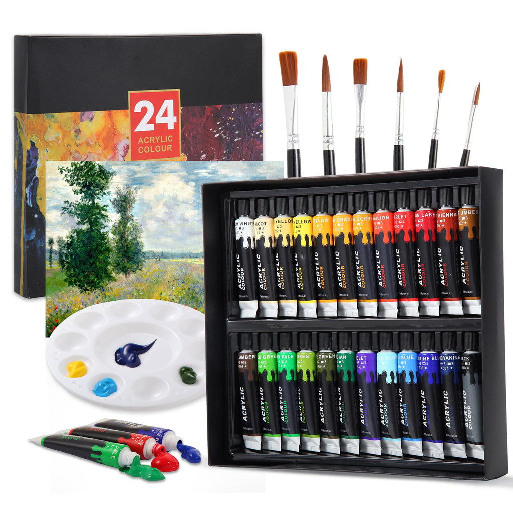 Kebuye Acrylic Art Paint Set, 24 Colours(12ml) Acrylic Paint Kits Creamy Texture Non-toxic, Art Craft Paints for Canvas Painting, Rock,Stone,Wood,Fabric,Crafts,with 6 Brushes 2 Canvas 1 Palette