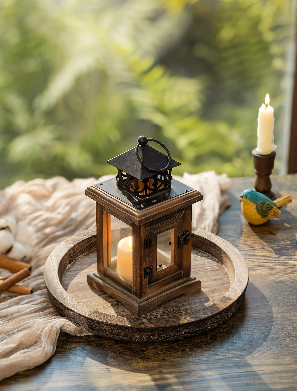 Hanobe Candle Holder Tray Decor: Round Coffee Table Decorative Tray for Home Decor - Farmhouse Wood Plate Circle Display for Living Room Kitchen Centerpiece