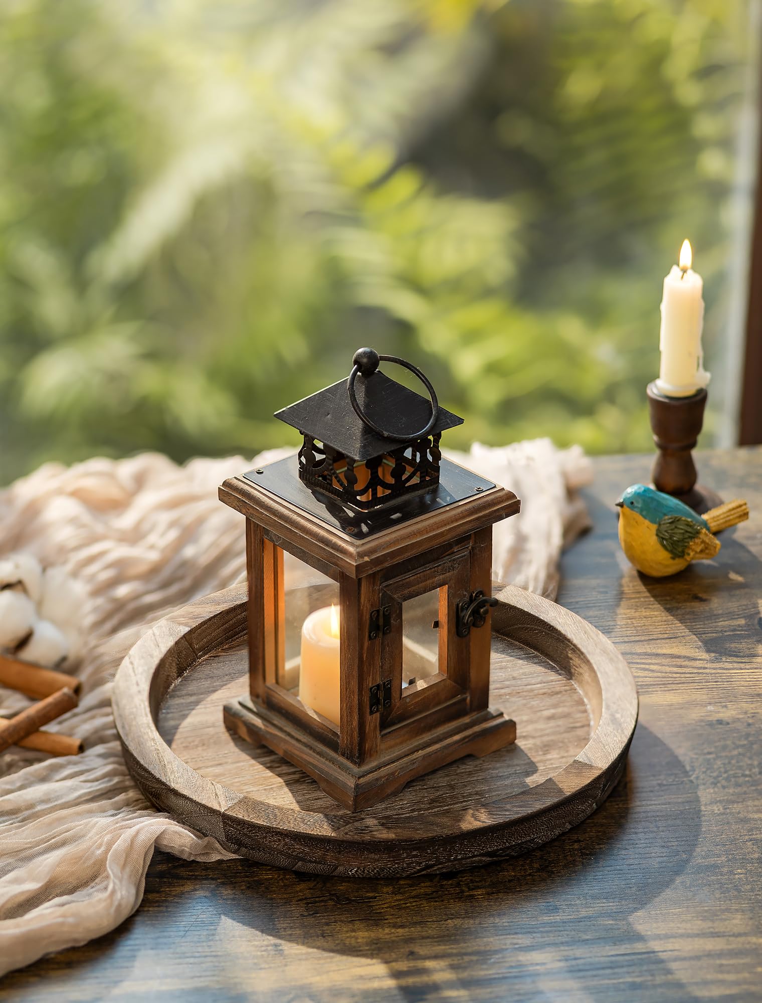 Hanobe Candle Holder Tray Decor: Round Coffee Table Decorative Tray for Home Decor - Farmhouse Wood Plate Circle Display for Living Room Kitchen Centerpiece