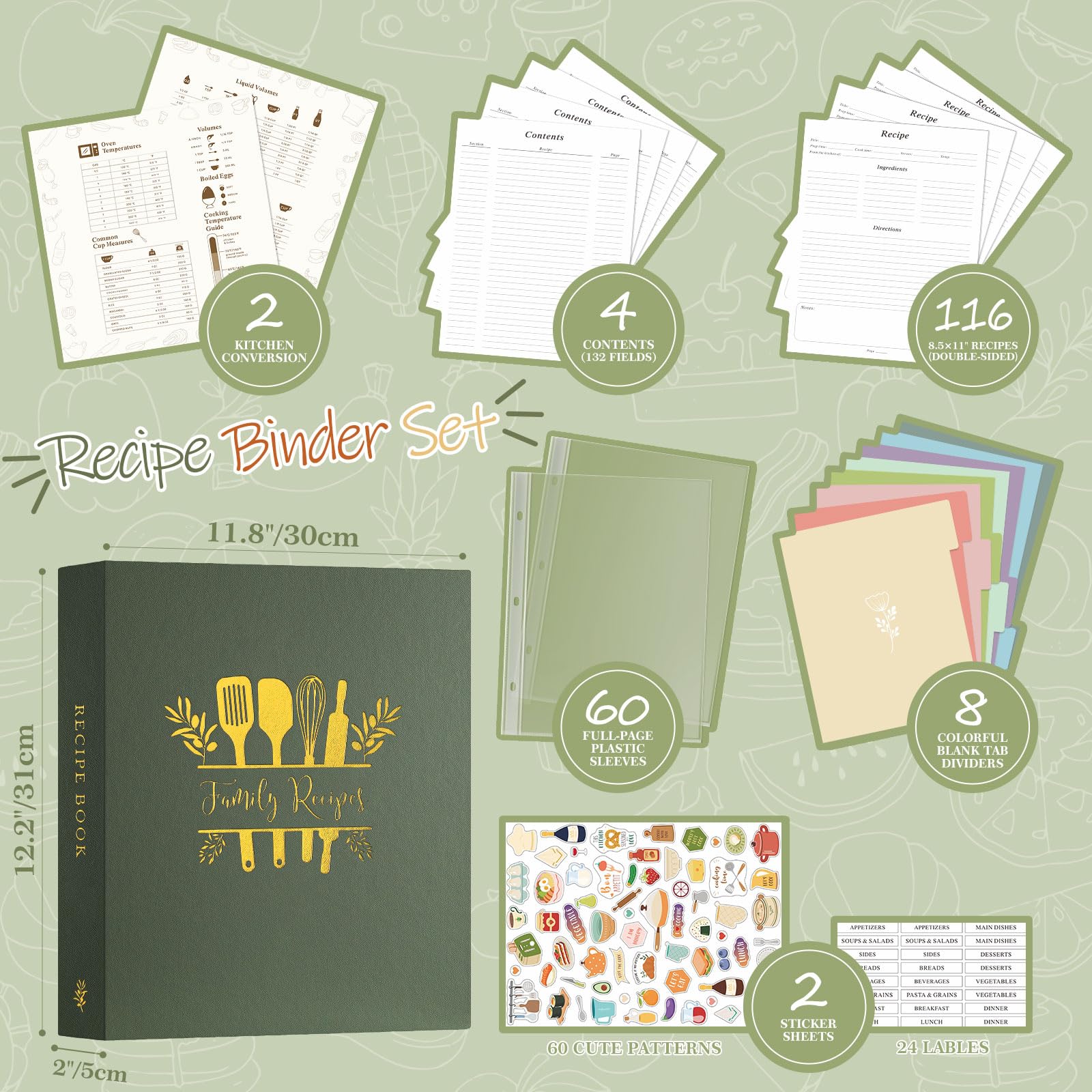 Lanpn Recipe Binder 8.5x11 3 Ring Kit, Waterproof Recipe Book to Write in Your Own Recipes, Blank Organizer Recipe Binder with 60 Plastic Sleeves,116 Recipes, Dividers,Labels & Stickers, Green