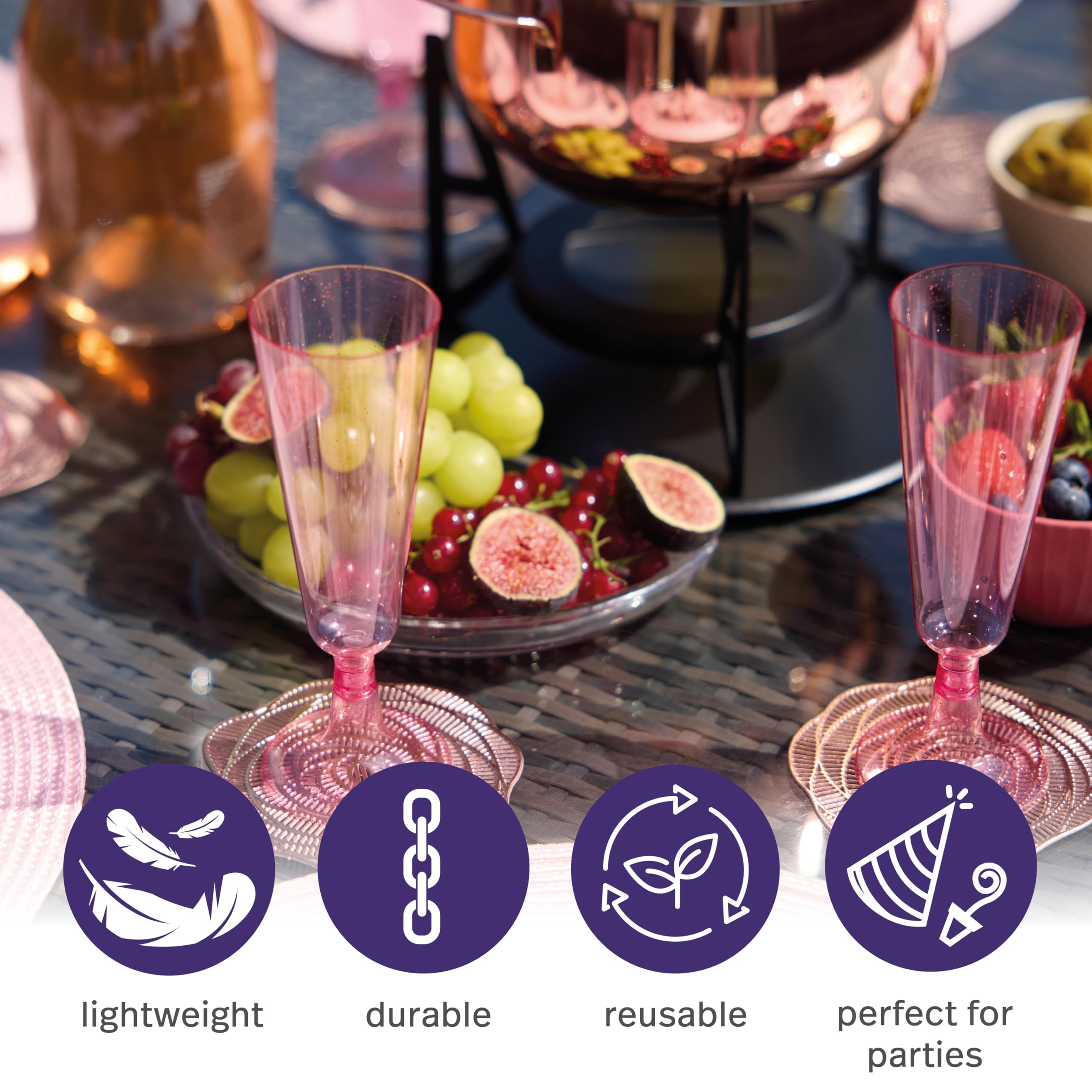 MATANA 50 Plastic Champagne Flutes Pink Glitter 5 oz/ 150ml - Reusable Champagne Glasses, Cocktail Glasses, Mimosa Glasses for Cocktails, Dessert, Wine - Toasting Glasses for Parties, Weddings