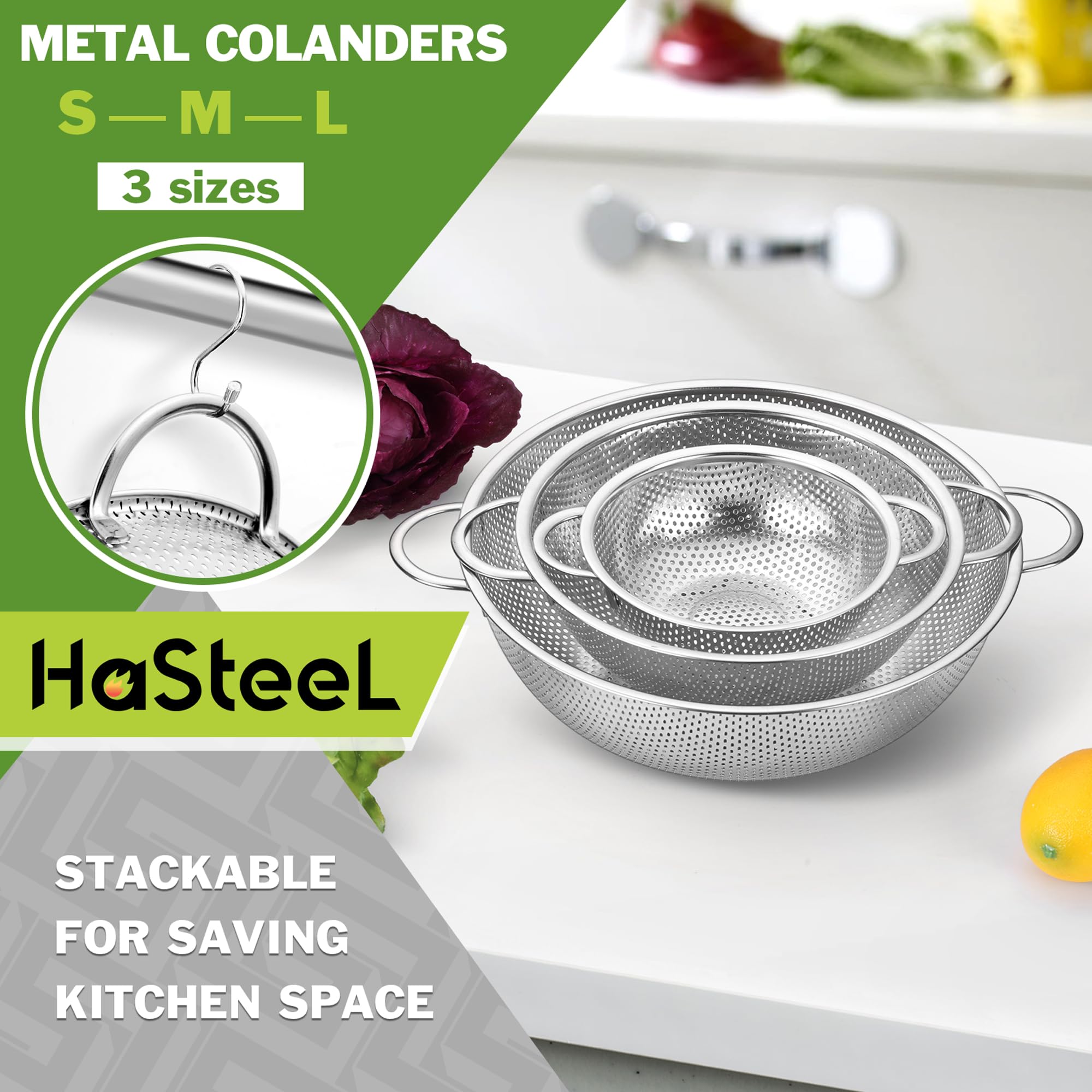 HaSteeL Stainless Steel Colander Set of 3, Micro-Perforated Metal Colander Strainer with Handle, Ideal for Kitchen Draining/Rinsing/Washing Pasta Spaghetti Vegetable Fruit, Dishwasher Safe - 1/3/5 QT