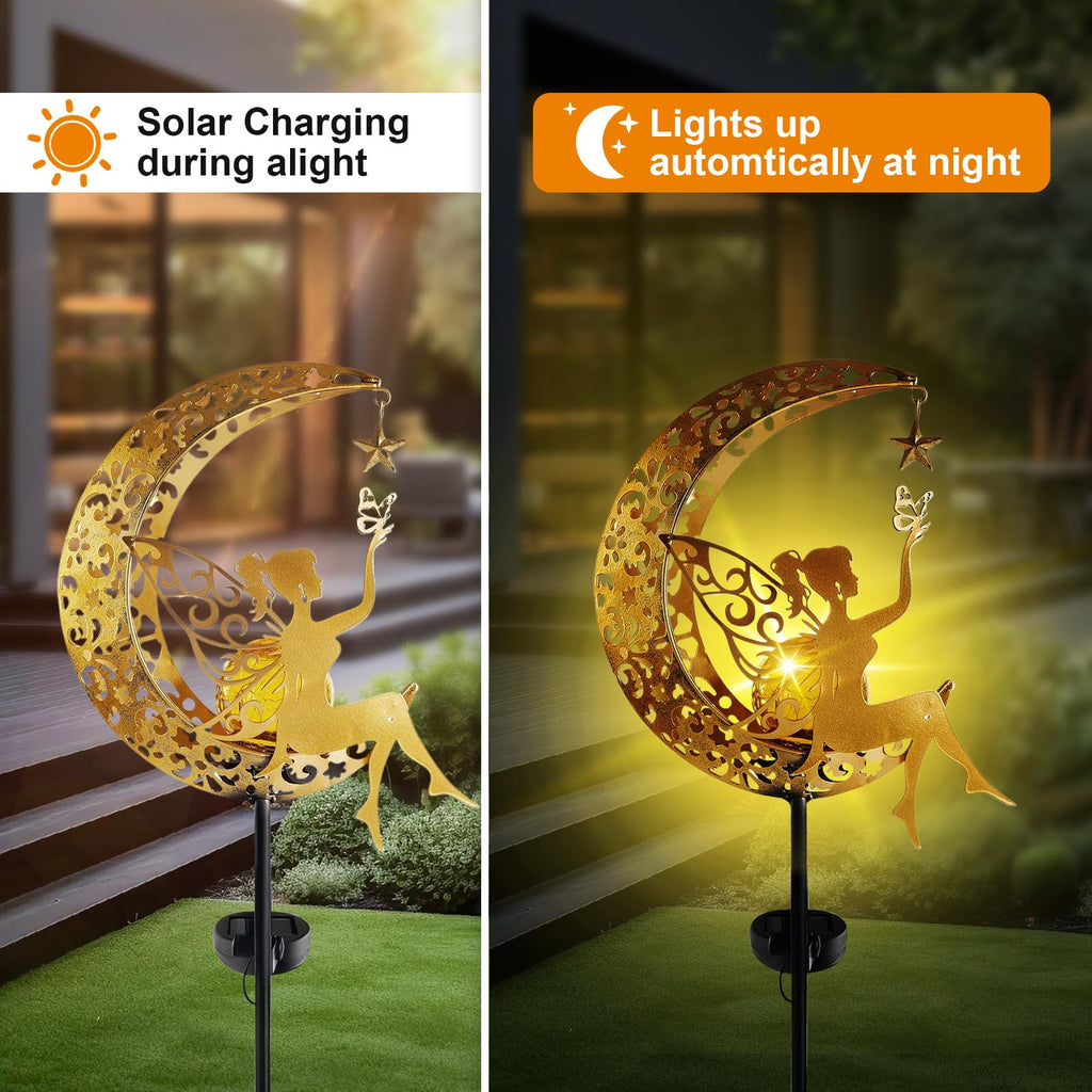 Fohil Solar Garden Lights Outdoor, Metal Fairy Moon Glass Globe Pathway Stake Solar Light Decor, Waterproof Solar Decorative Lights for Garden, Walkway, Yard, Lawn, Patio, Courtyard