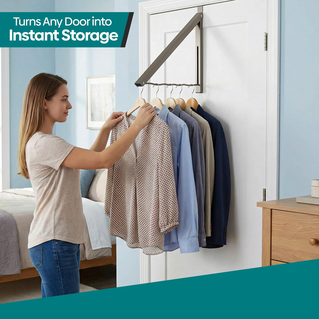 Over The Door Hanger - Closet Hanger Retractable Collapsible Folding Hanging Rack Organizer for Clothes & Towels Ideal for Bathrooms, Dorm Rooms Etc. - Satin Nickel (Includes one Hook)