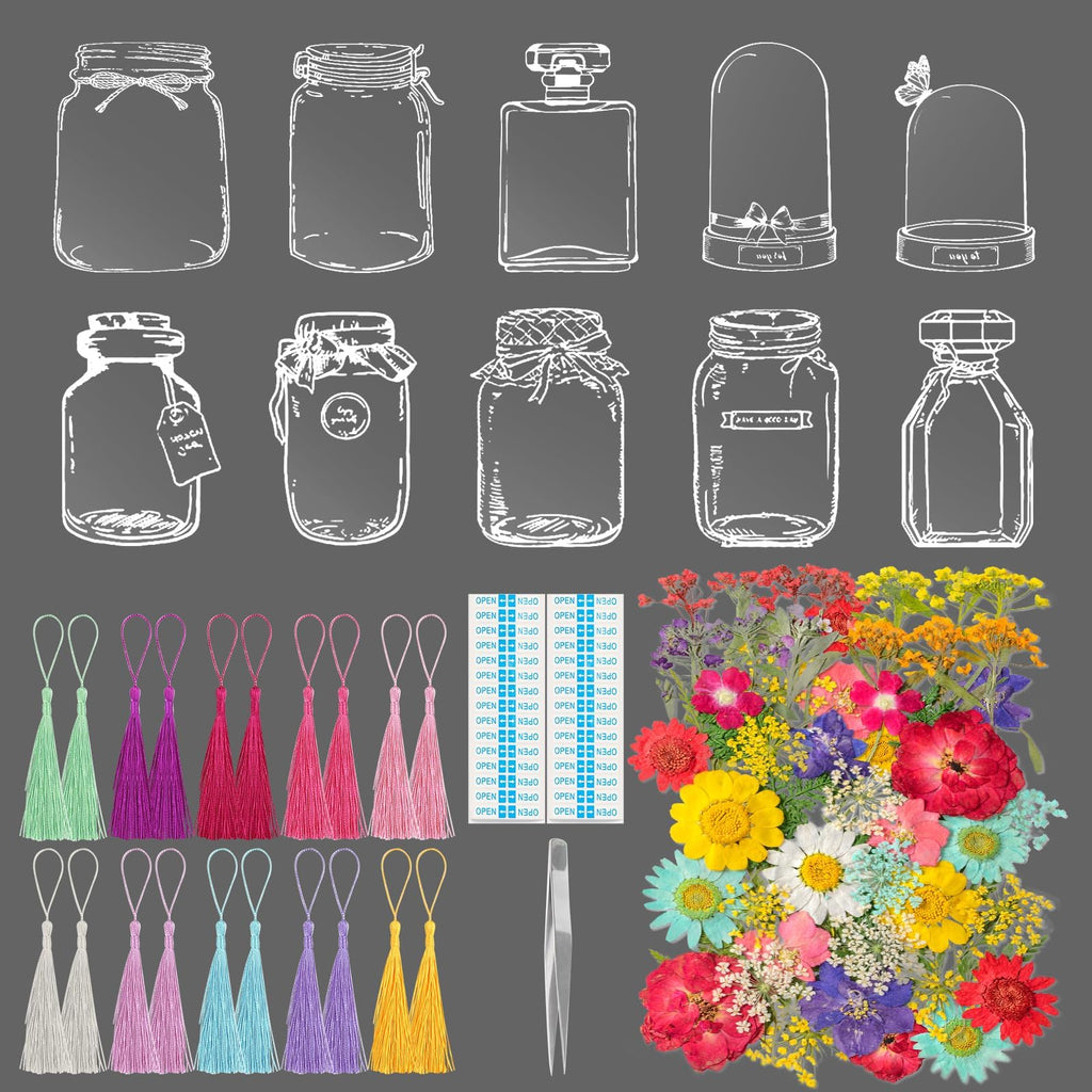 103PCS Bookmark Making Kit, Kaluofan DIY Bookmark Transparent Dried Flower Bookmarks Kit with Abundant Bottle Bookmarks Dried Flowers Tassels and Tweezer
