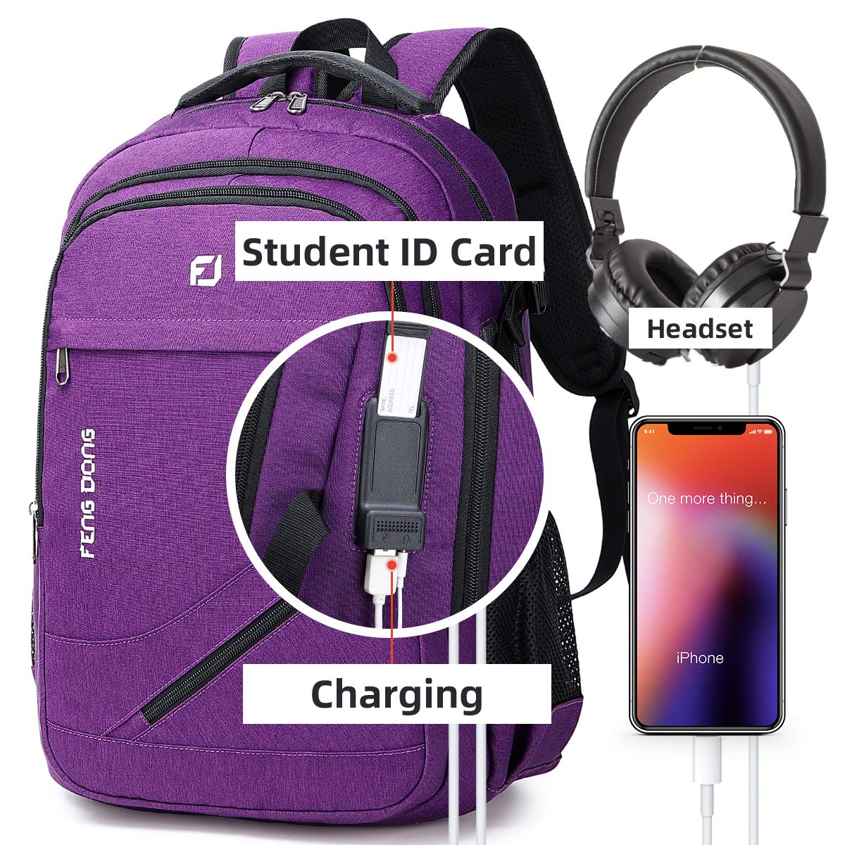FENGDONG Durable Travel Large Laptop Backpack 17.3 inch,College Backpack for Women & Men Business Backpack with USB Charging Port and Headset Port Purple