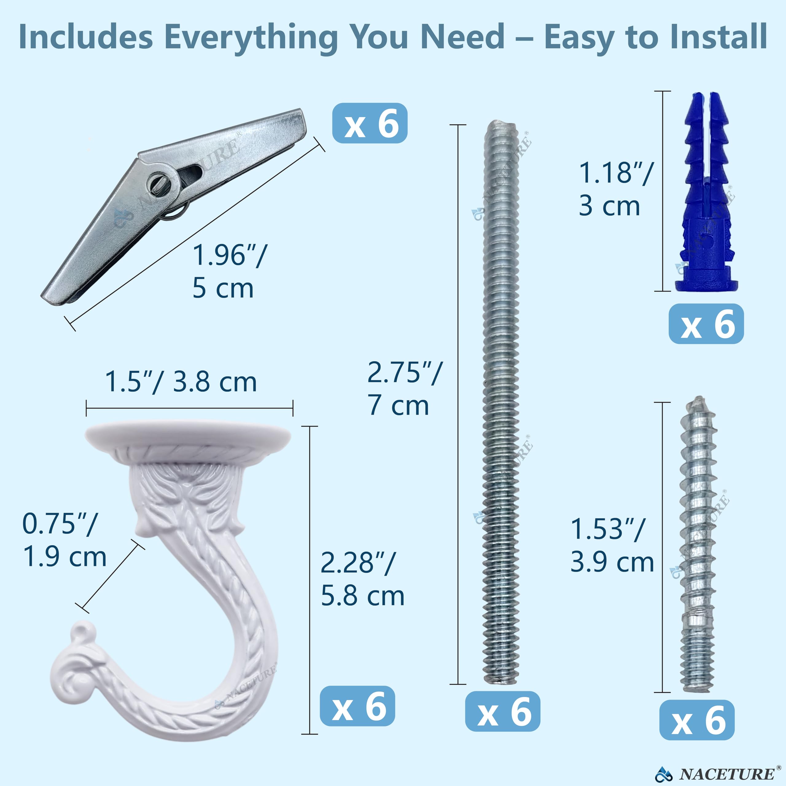 NACETURE E Style Ceiling Hooks for Hanging Plants – 6 Pcs White Plant Hooks for Hanging Baskets Outdoor or Indoor - Swag Hook for Ceiling with Toggle Hooks for Hanging Lights