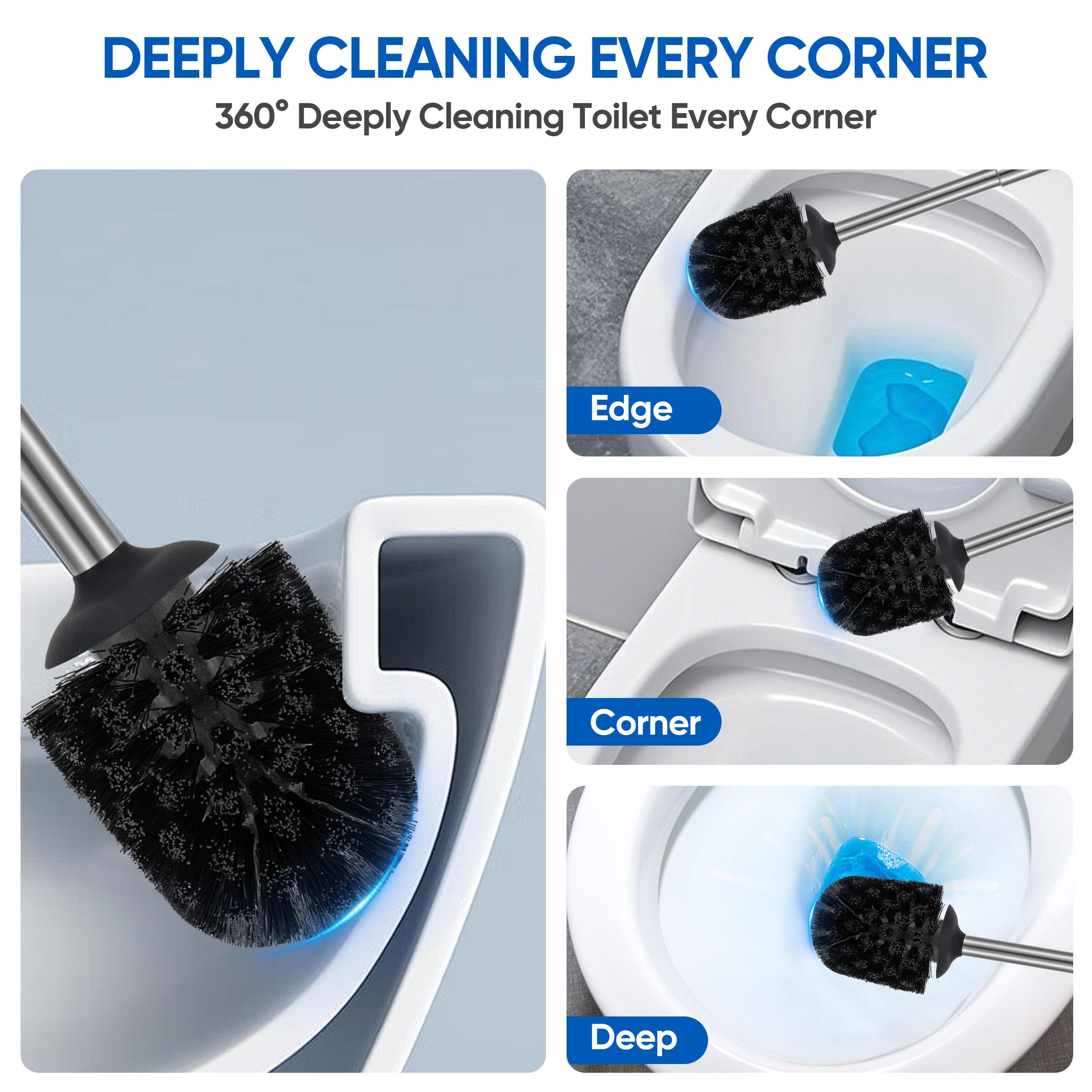 Veinvify Toilet Brush Set with Holder Brosse Toilette 30CM Long Handle Stainless Steel Bathroom Cleaning Brushes and Case Anti-Rust High Denstity Moderate Hardness Bristles Brushed