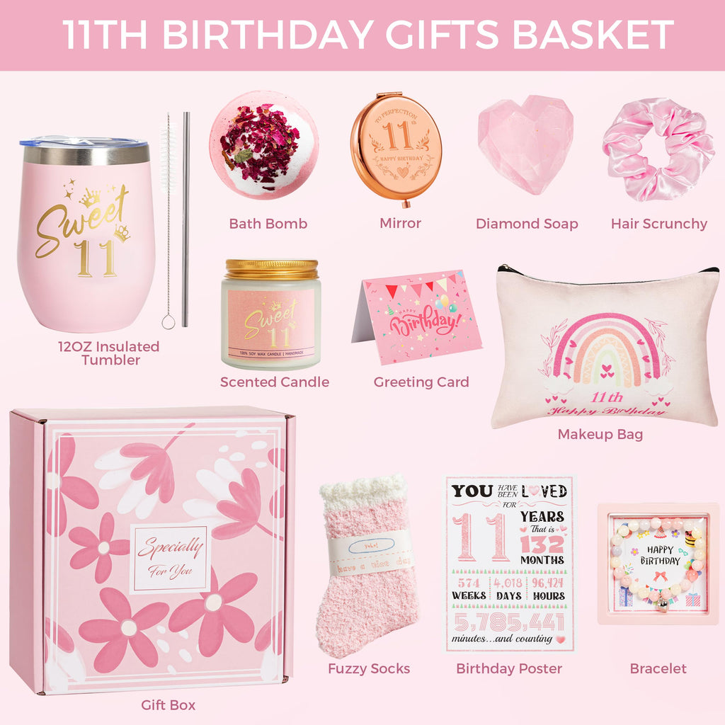 11th Birthday Gifts for Girls,Happy 11th Birthday Gift Ideas Set for Her,Cute Unique Turning to 11 Year Old BD Bdy Basket Presents Box for Niece,Best Friend, Sister, Daughter,Bestie