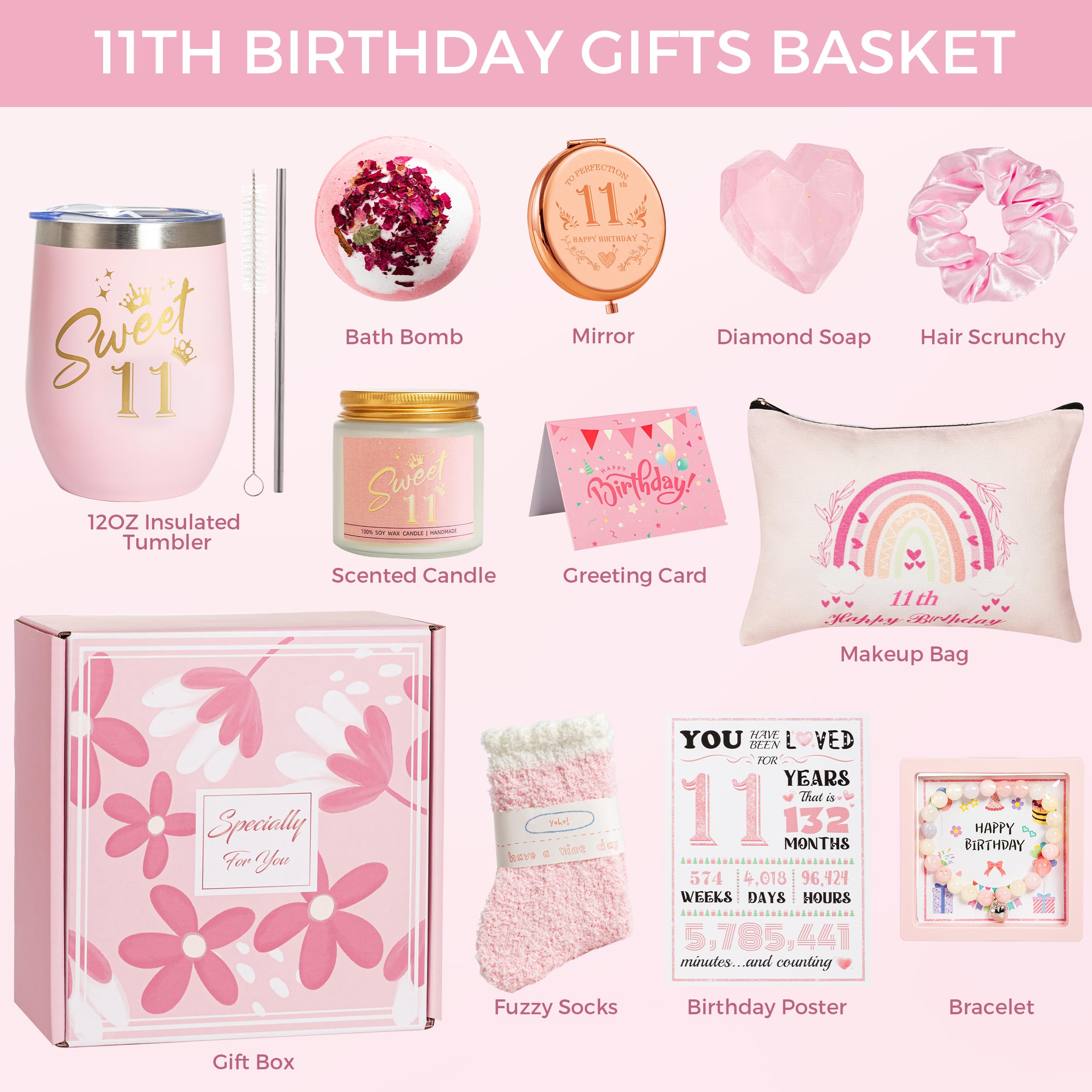 11th Birthday Gifts for Girls,Happy 11th Birthday Gift Ideas Set for Her,Cute Unique Turning to 11 Year Old BD Bdy Basket Presents Box for Niece,Best Friend, Sister, Daughter,Bestie