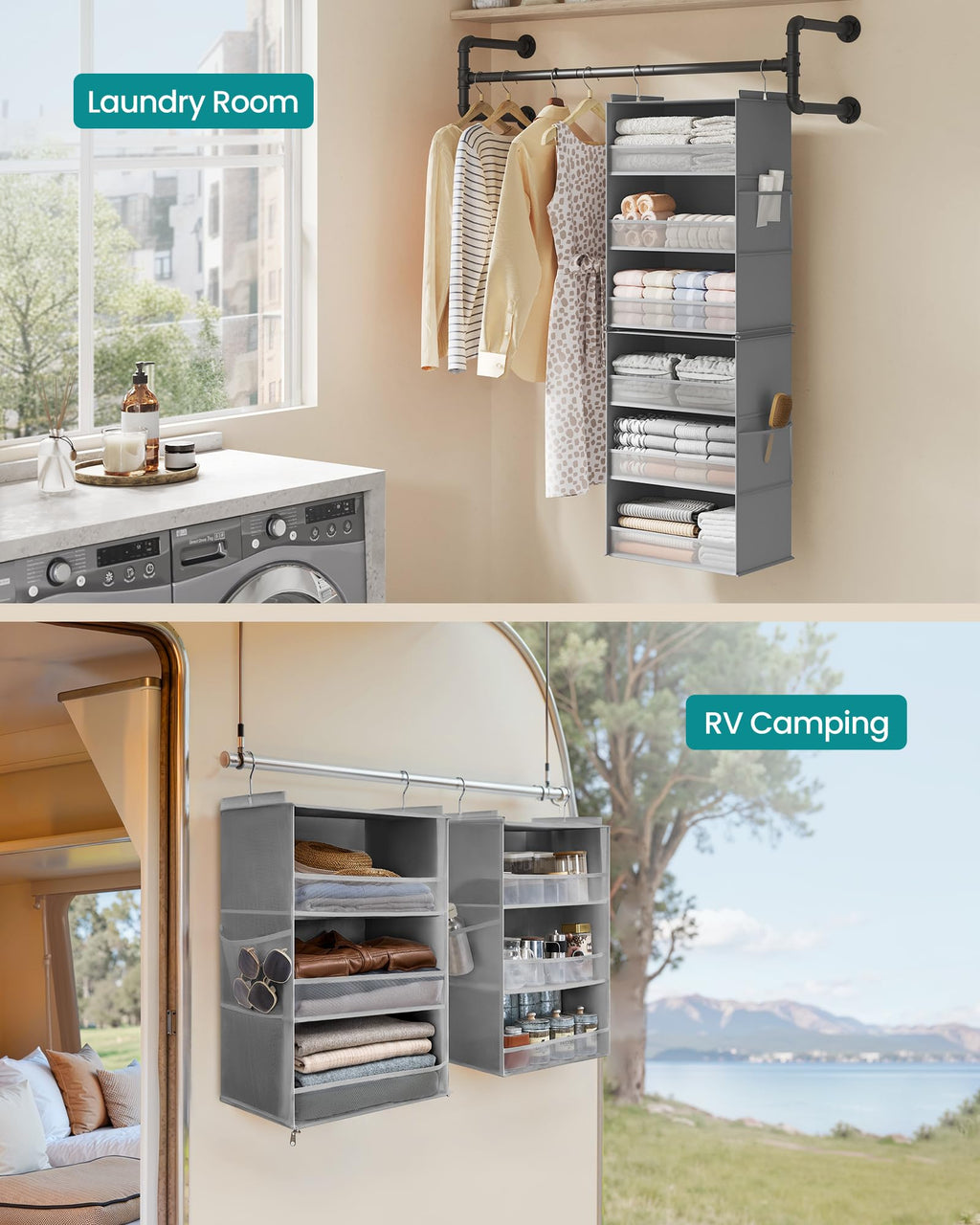 SONGMICS Hanging Closet Organizer, 6-Tier Fabric Storage Shelf, Separable Closet Hanging Shelf with Side Pockets, Foldable, Metal Hooks and Bamboo Inserts, Dark Gray URCH007G01