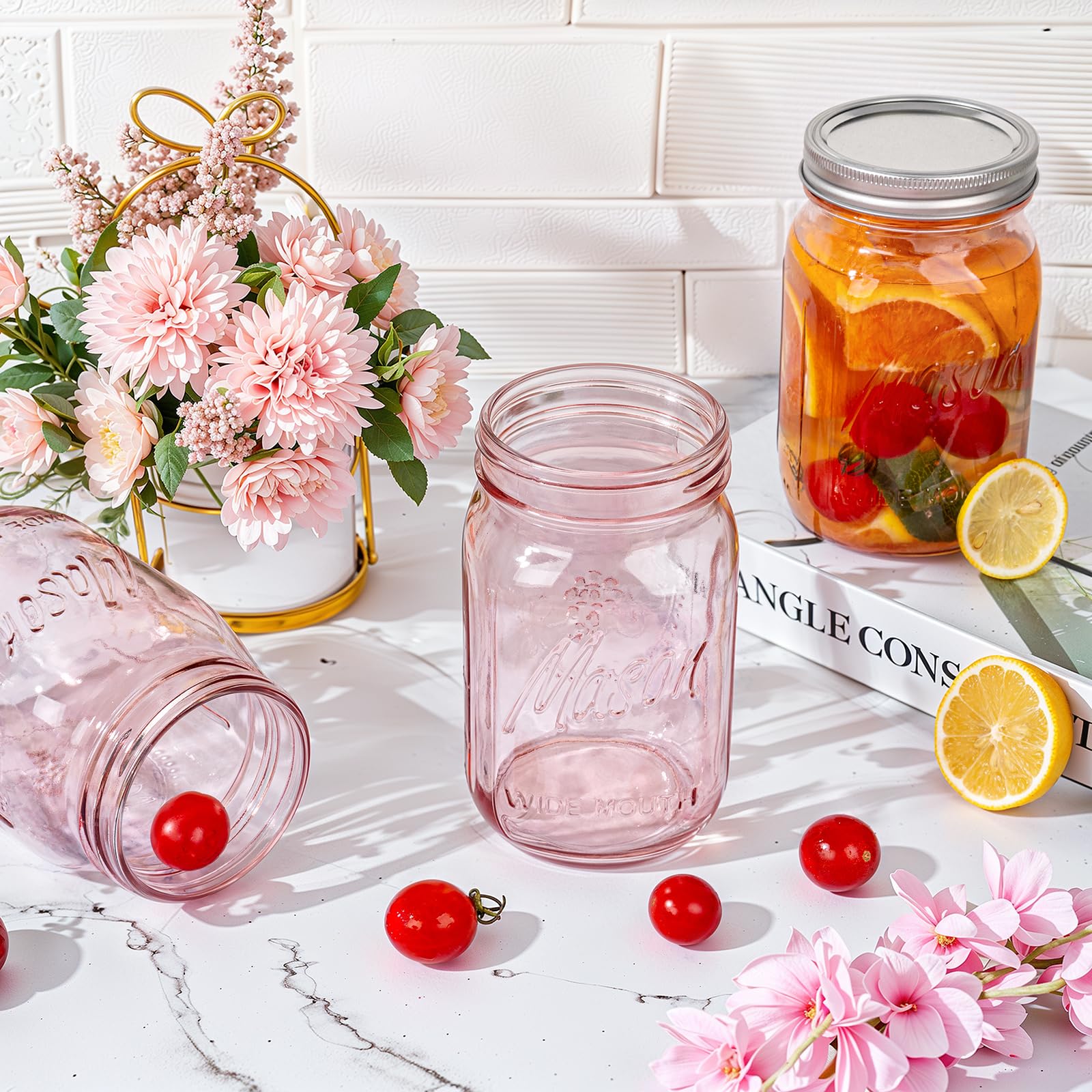 I00000 Pink Mason Jars 32 oz,4 Pack Wide Mouth Mason Jars for Safe Storage,Fermenting,Pickling,DIY,Crafts Decoration