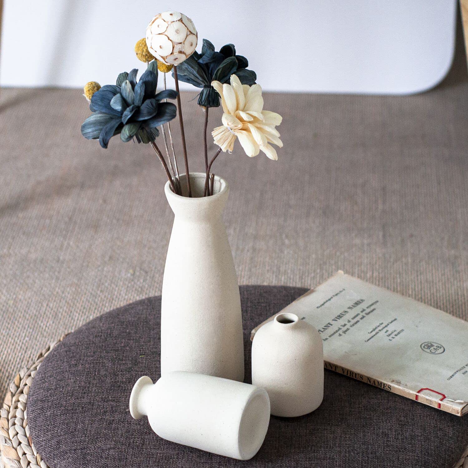 CEMABT Beige Ceramic vase Set-3 Small Flower vases for Decor,Modern Boho Farmhouse Home Decor,Decorative vase for Pampas Grass&Dried Flowers,idea Shelf ,Table,Bookshelf ,Entryway- Distressed