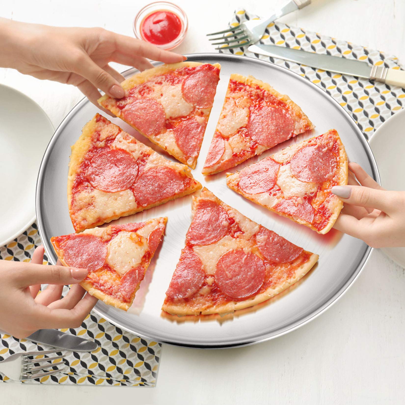 12 Inch Pizza Pan Set, 3 Pcs P&P CHEF Stainless Steel Round Baking Pizza Pans Pizza Tray for Pizza, Pie, Cake, Cookie, Non-Toxic & Healthy, Heavy Duty & Durable, Oven & Dishwasher Safe