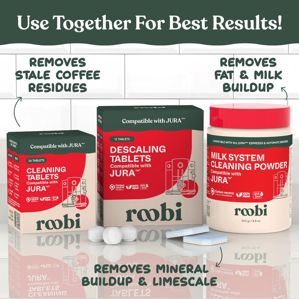 Roobi Compatible Cleaning Tablets for Jura. 24 Jura Cleaning Tablets for Automatic Espresso Coffee Machines. 100% Vegan, Carbon Neutral.
